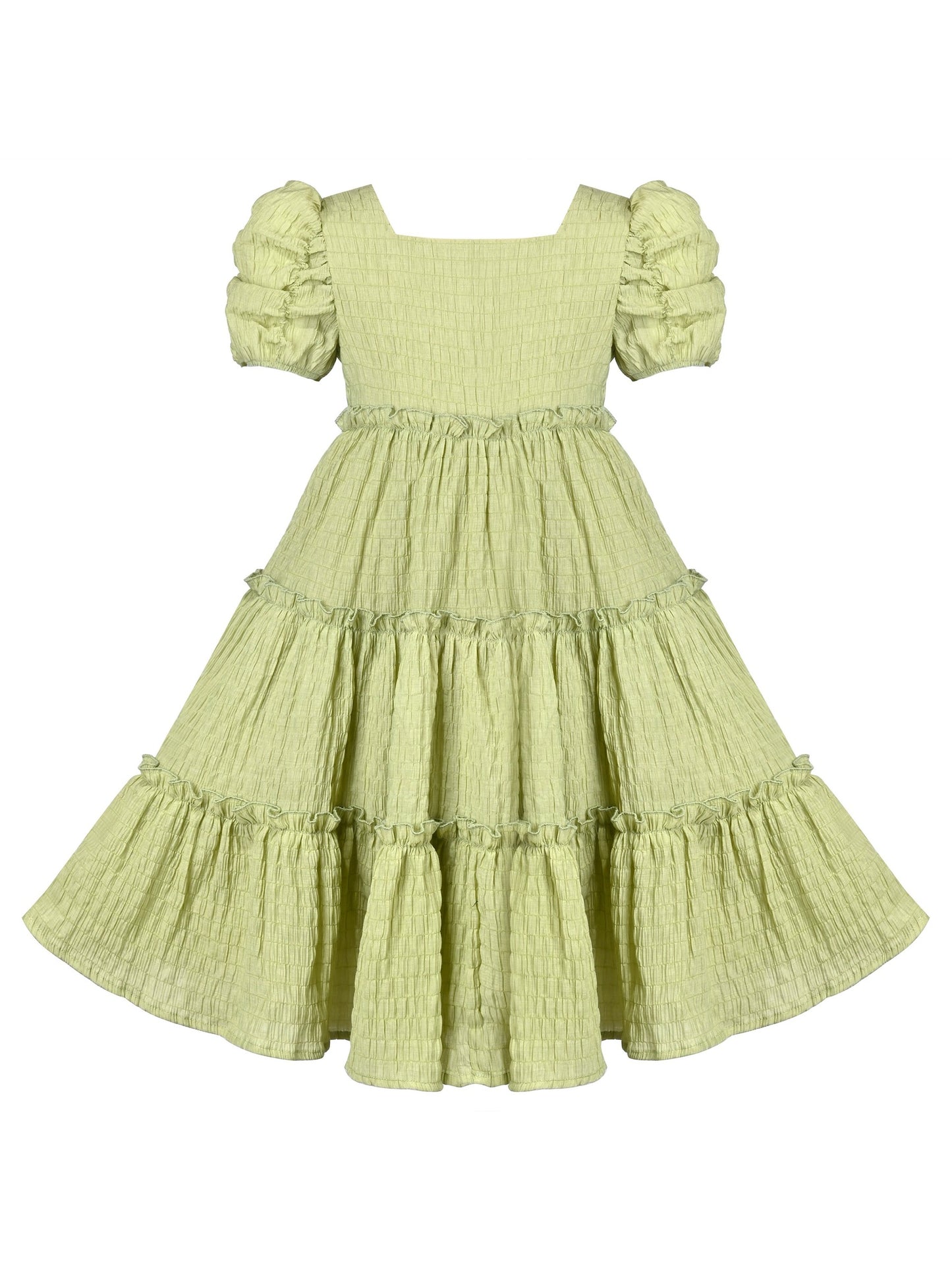 Girls Green Ruffle Layer Square Loose Fit Puff Short Sleeve Summer Casual Green