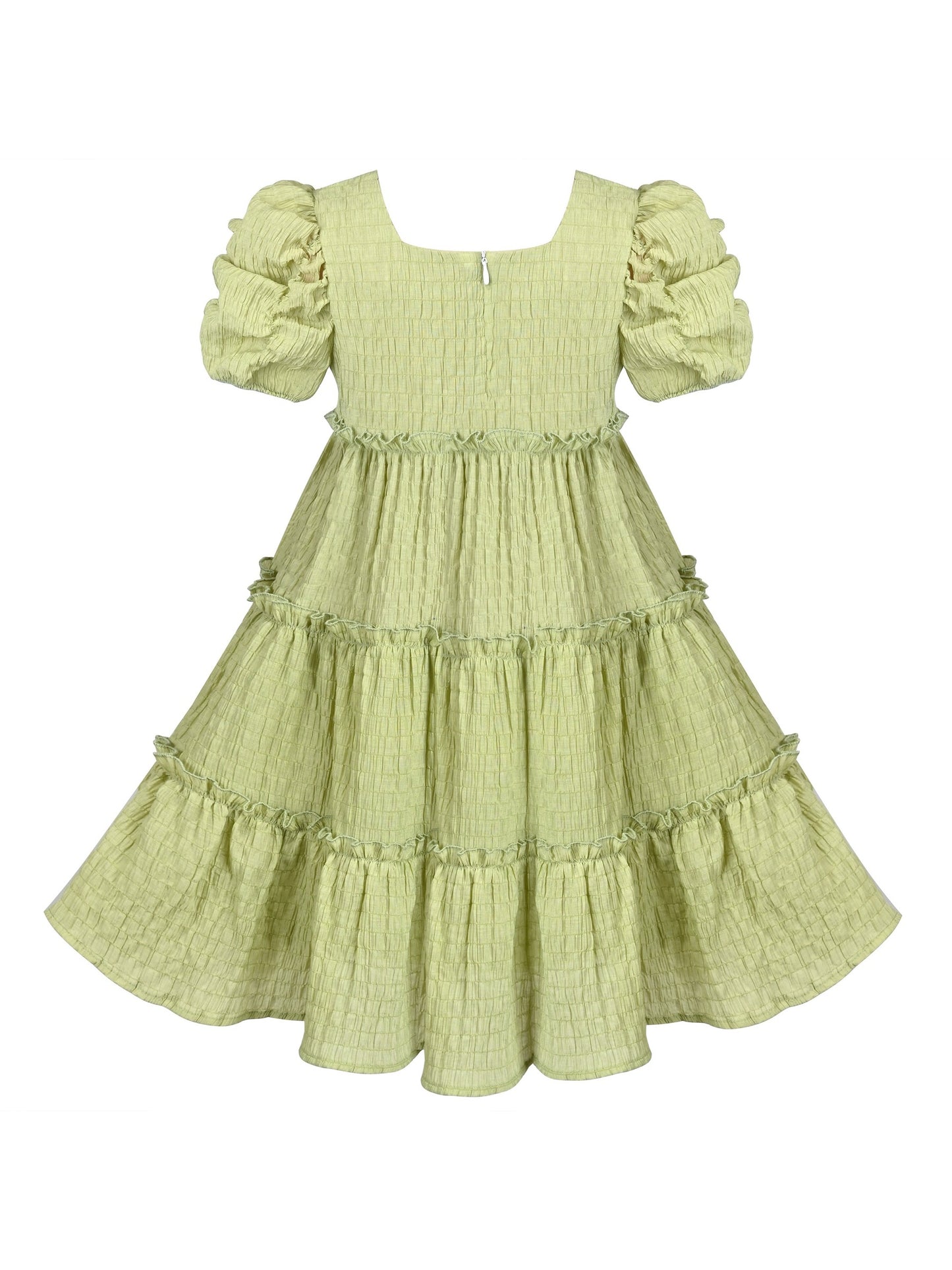 Girls Green Ruffle Layer Square Loose Fit Puff Short Sleeve Summer Casual Green