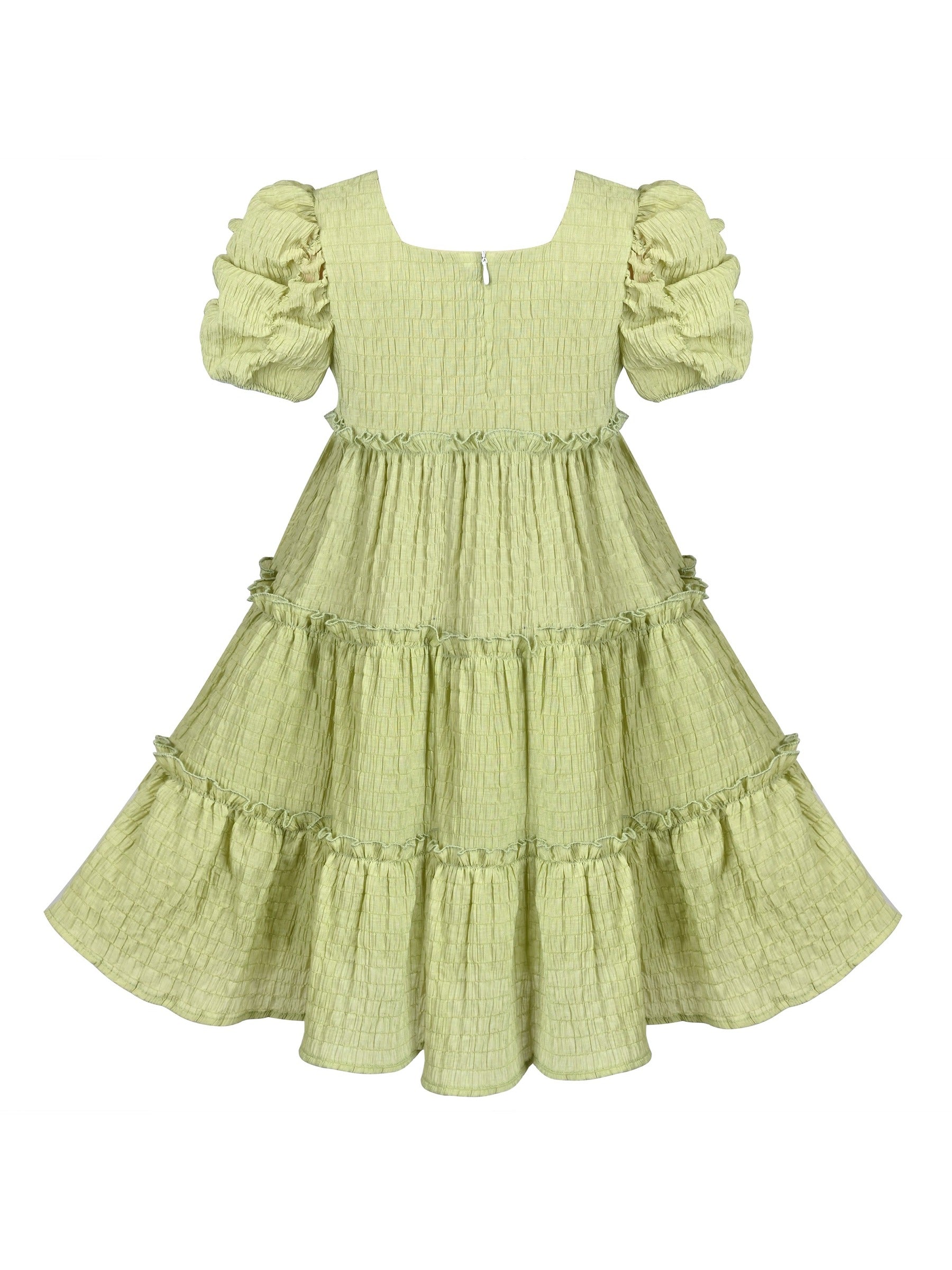 Girls Green Ruffle Layer Square Loose Fit Puff Short Sleeve Summer Casual Green