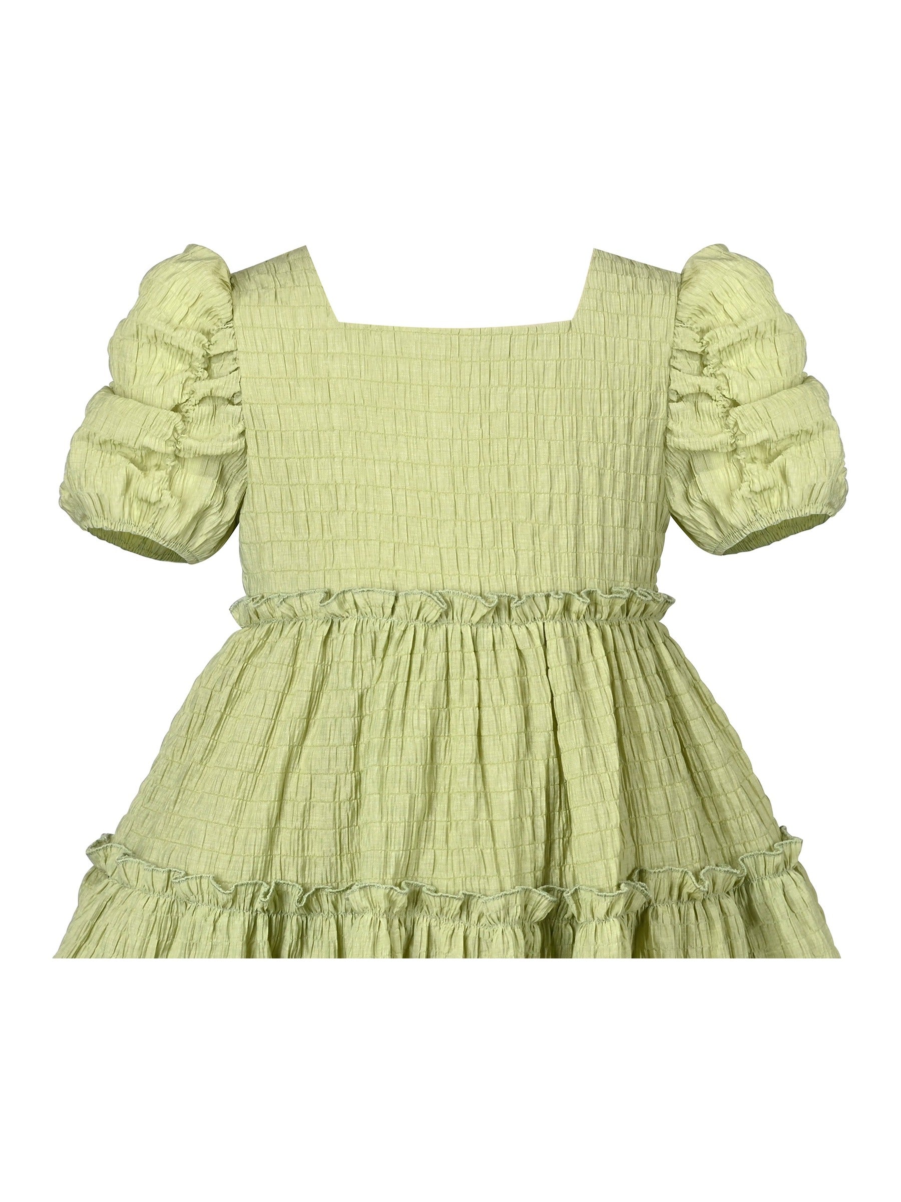 Girls Green Ruffle Layer Square Loose Fit Puff Short Sleeve Summer Casual Green