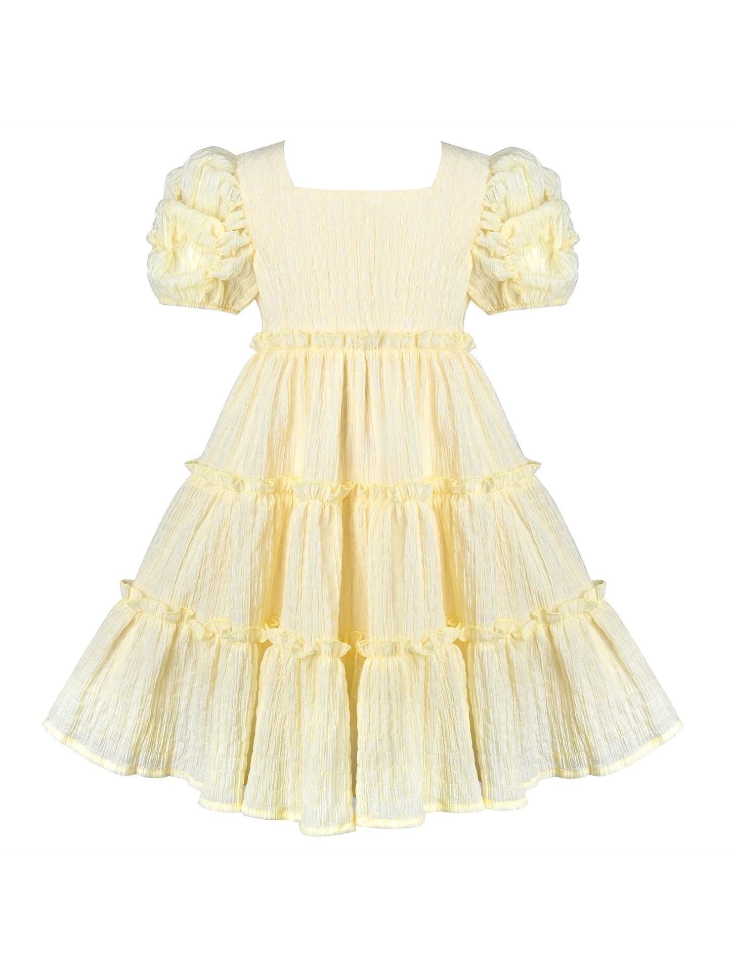 Girls Green Ruffle Layer Square Loose Fit Puff Short Sleeve Summer Casual Yellow