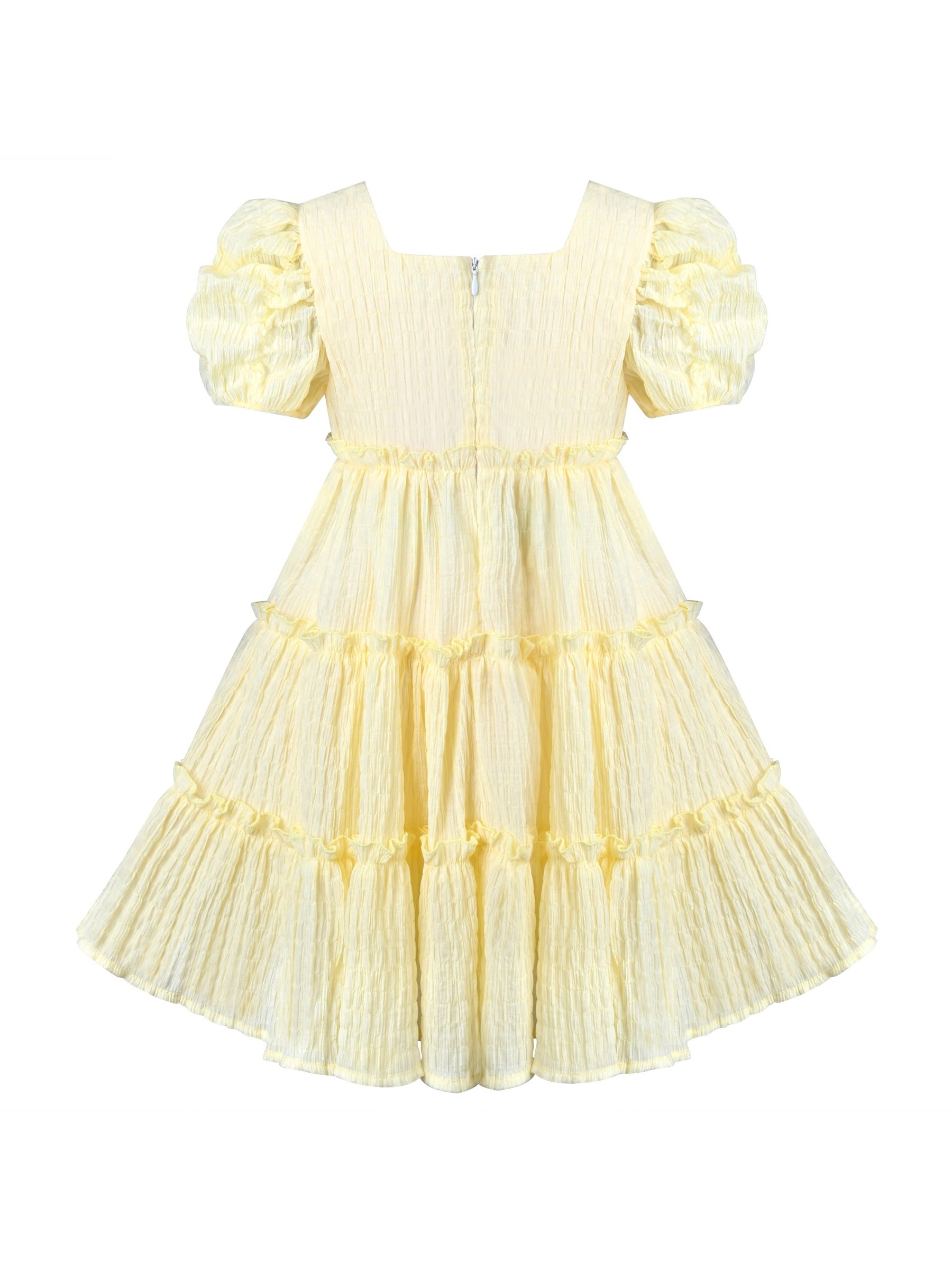 Girls Green Ruffle Layer Square Loose Fit Puff Short Sleeve Summer Casual Yellow