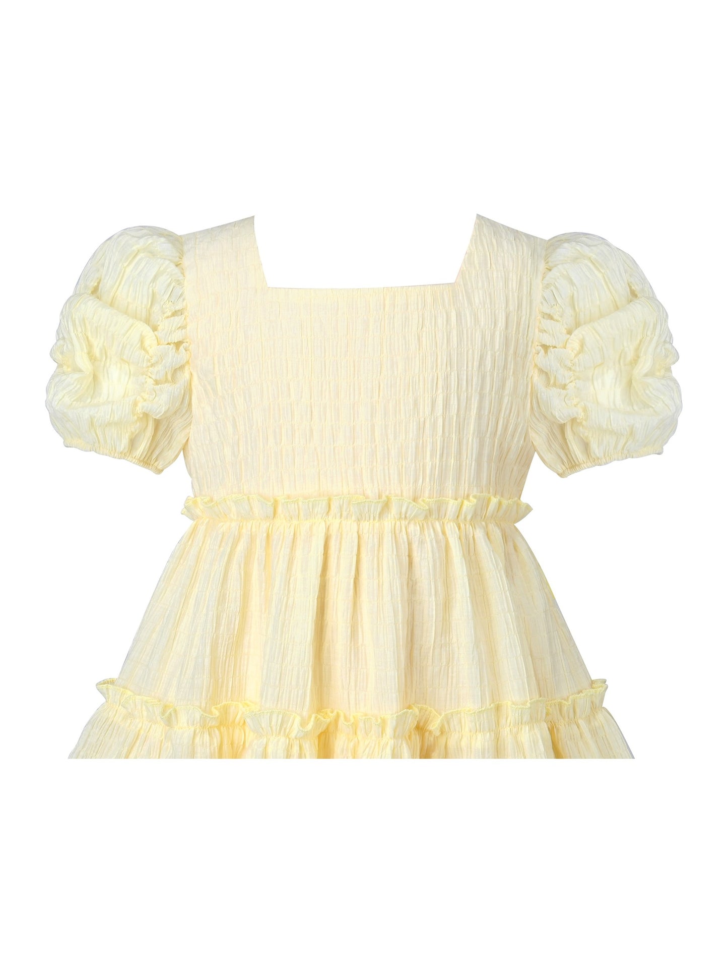 Girls Green Ruffle Layer Square Loose Fit Puff Short Sleeve Summer Casual Yellow