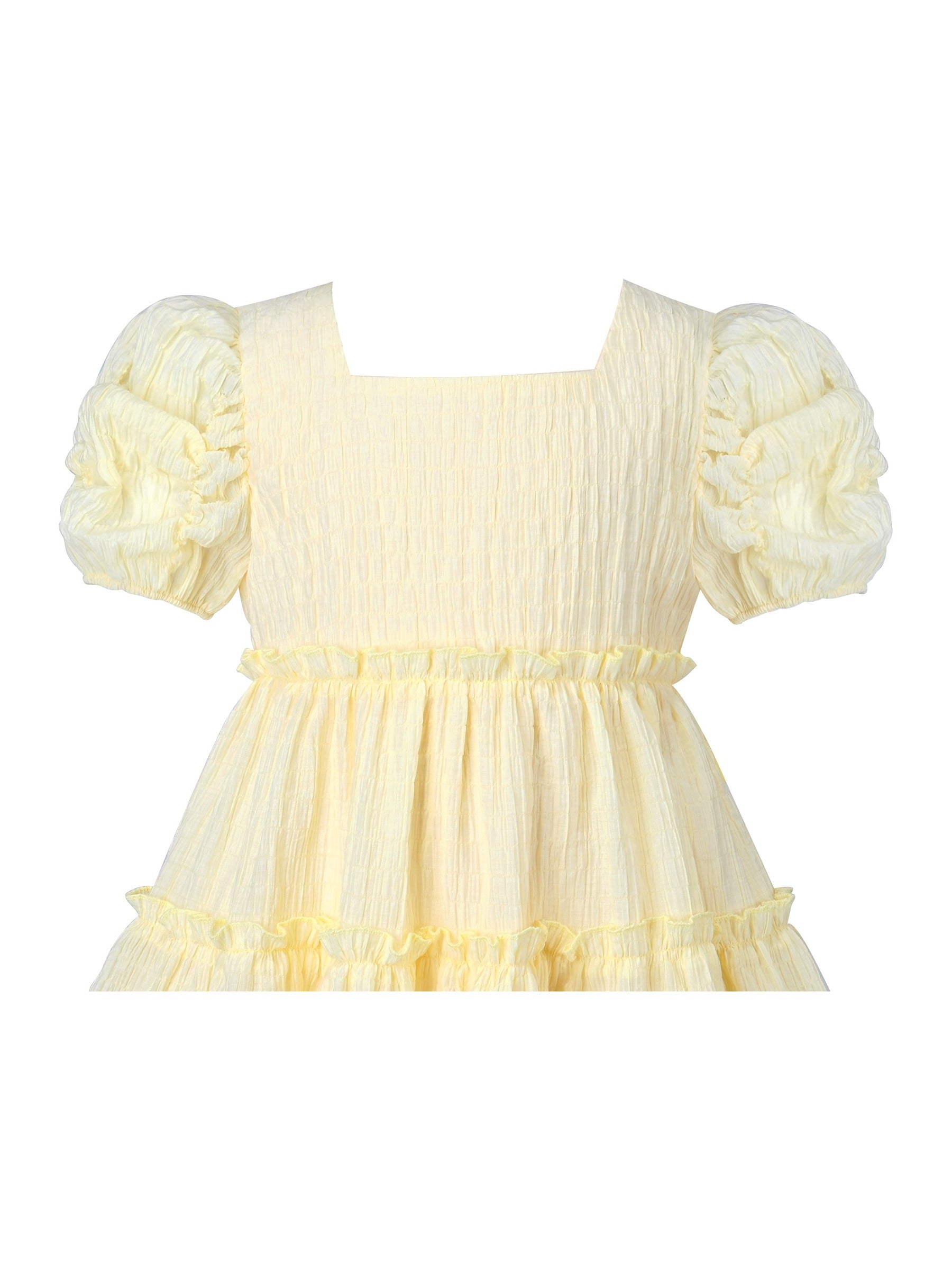Girls Green Ruffle Layer Square Loose Fit Puff Short Sleeve Summer Casual Yellow
