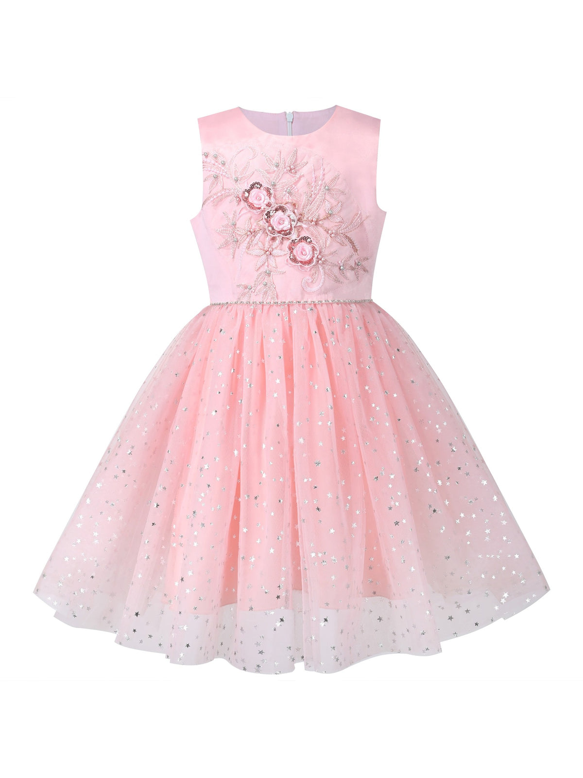 Girls Pink Floral Multilayer Ruffle Tulle Sleeveless Sequin Princess - Pink Flower Sequin