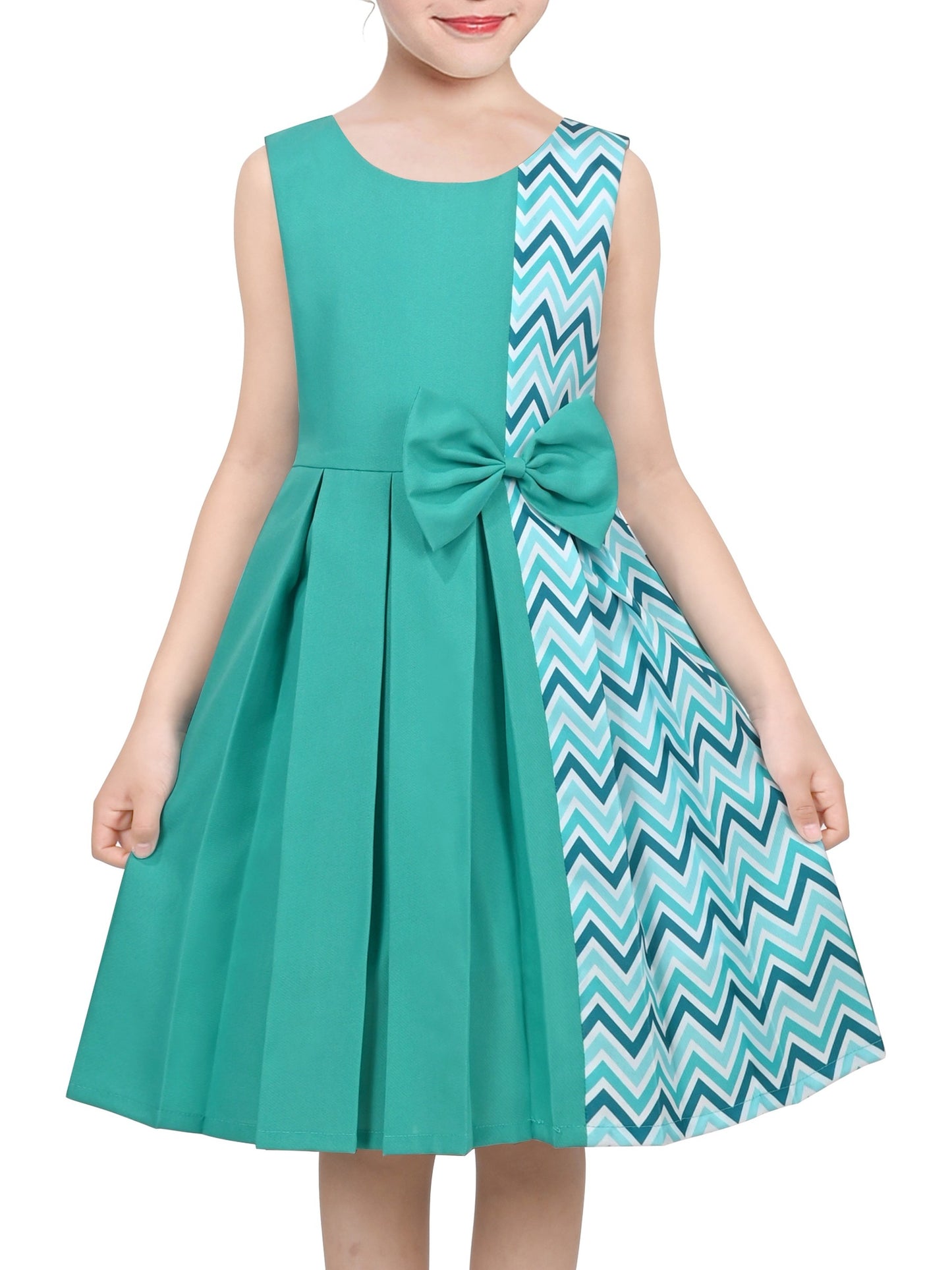 Girls Dress Color Block Contrast Bow Tie Everyday Party Green