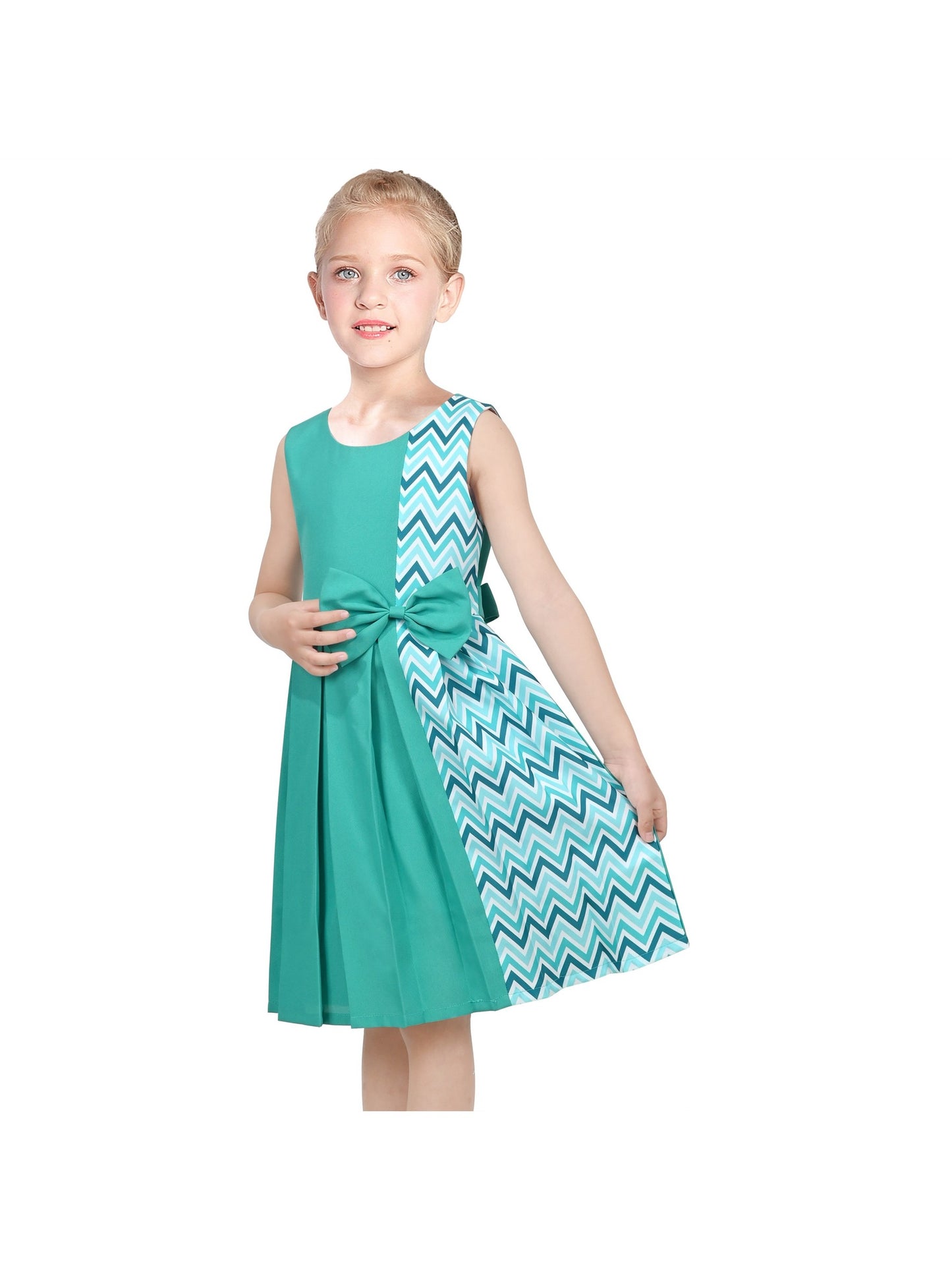 Girls Dress Color Block Contrast Bow Tie Everyday Party Green