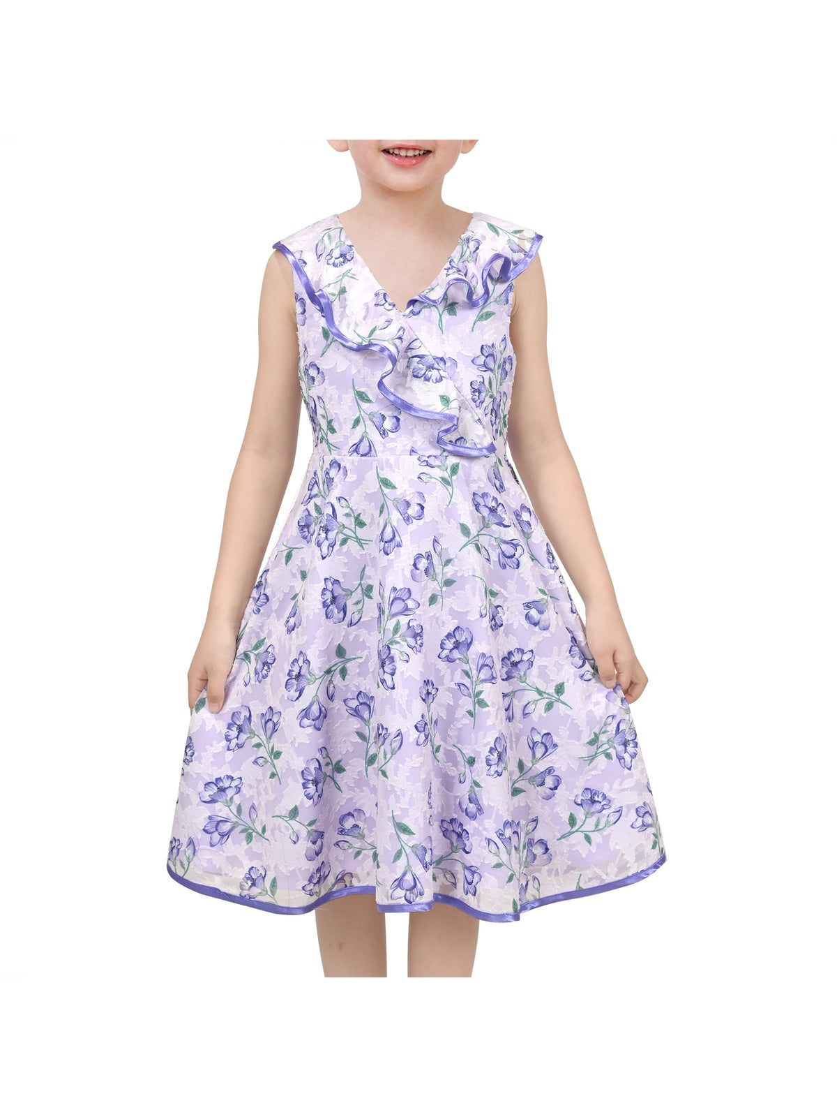 3 Layers Girls Dress Pink Flower Wave Pageant Wedding Kids Clothing - Purple Ruffle Collar