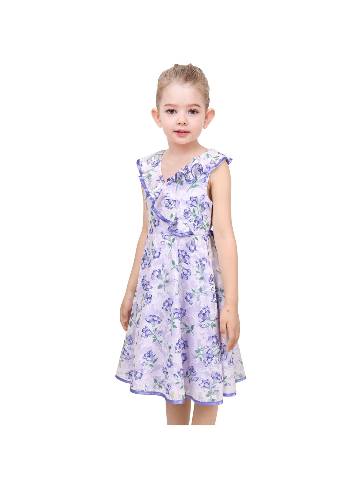 3 Layers Girls Dress Pink Flower Wave Pageant Wedding Kids Clothing - Purple Ruffle Collar