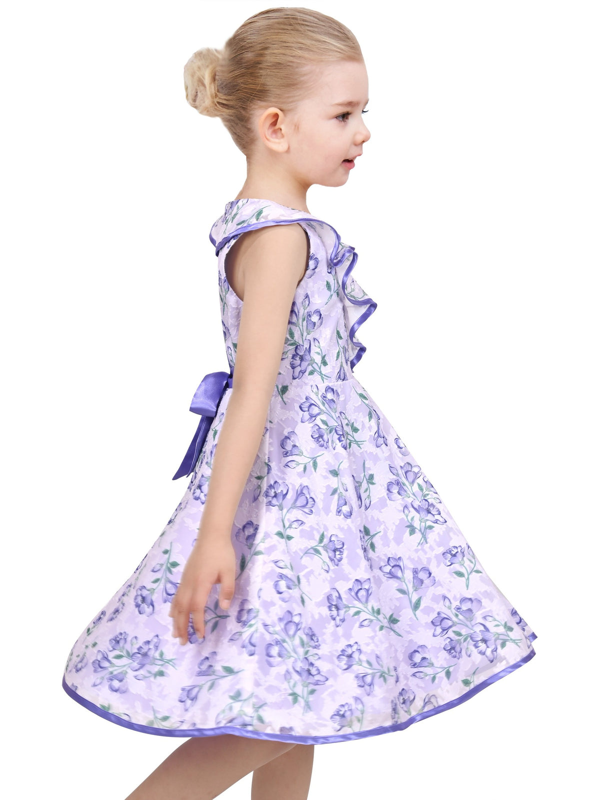 3 Layers Girls Dress Pink Flower Wave Pageant Wedding Kids Clothing - Purple Ruffle Collar