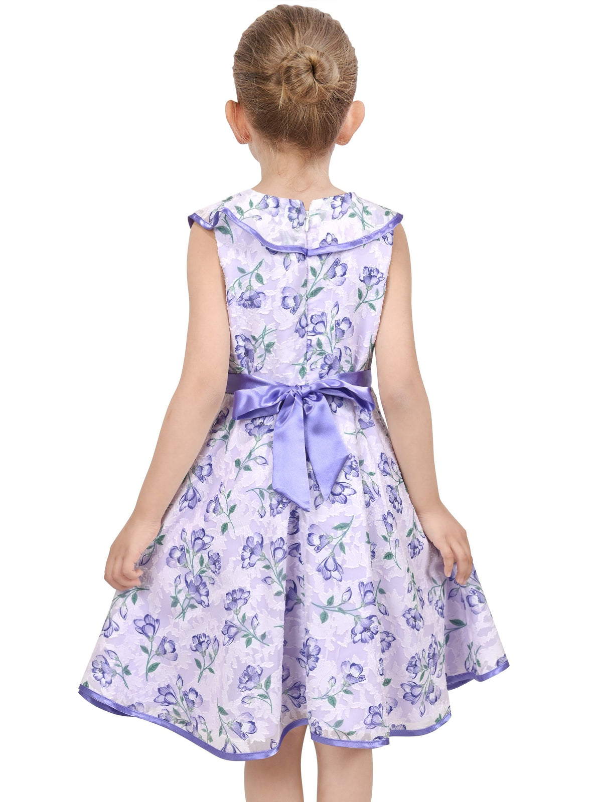 3 Layers Girls Dress Pink Flower Wave Pageant Wedding Kids Clothing - Purple Ruffle Collar