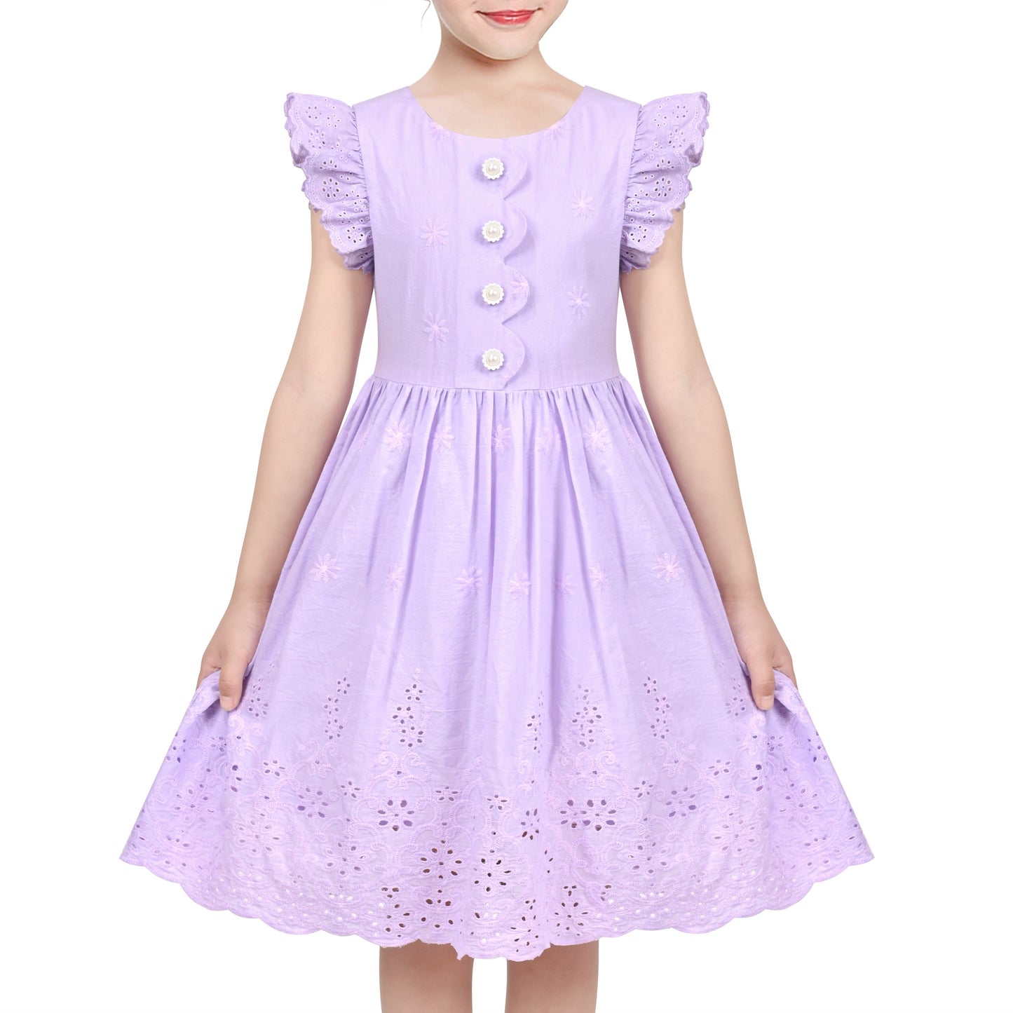 Girls Dress Royal Blue Front Button Swing Lace Flying Sleeve Vintage Purple