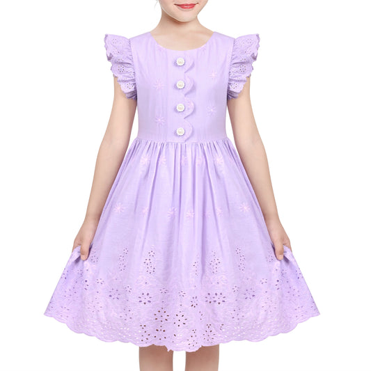 Girls Dress Royal Blue Front Button Swing Lace Flying Sleeve Vintage Purple