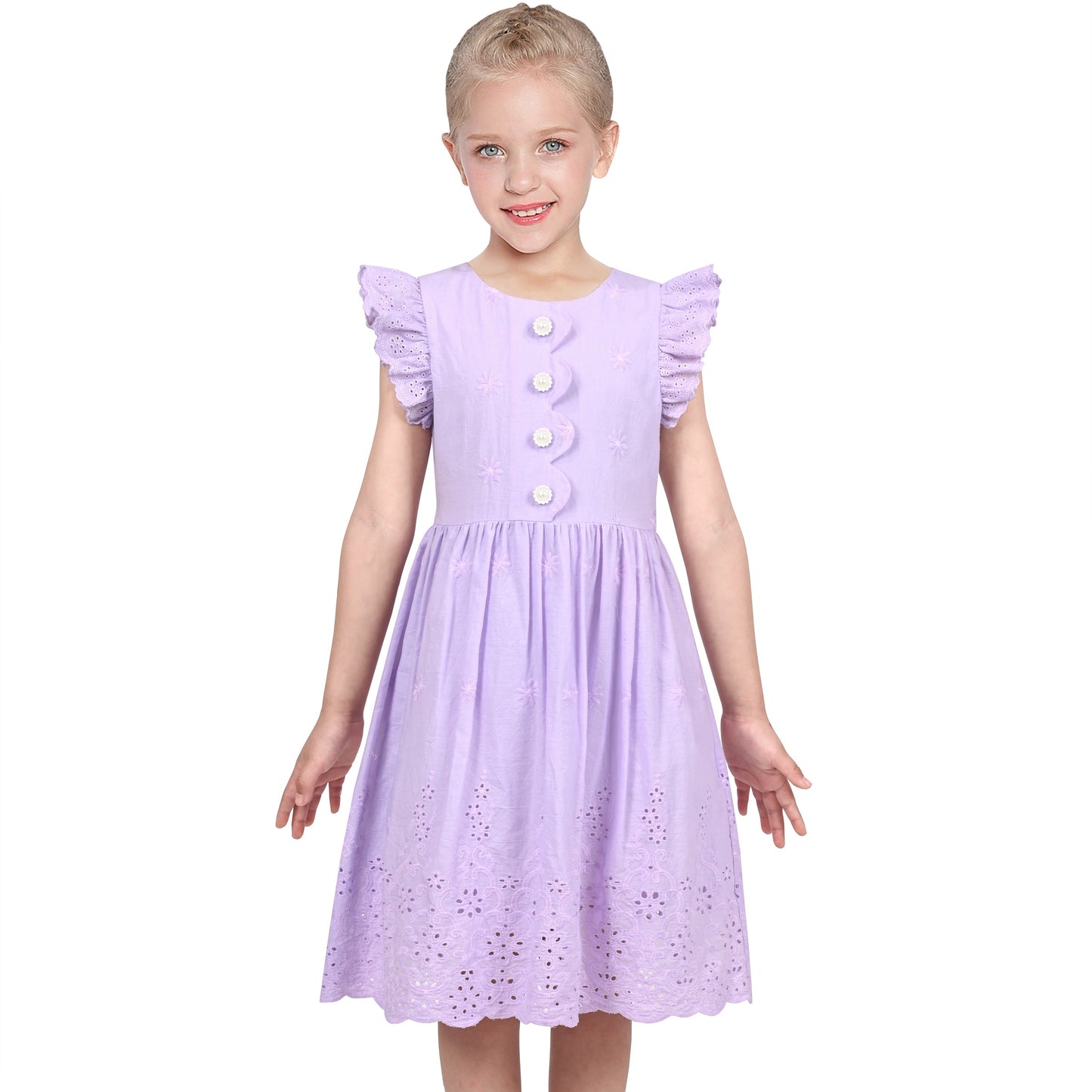 Girls Dress Royal Blue Front Button Swing Lace Flying Sleeve Vintage Purple