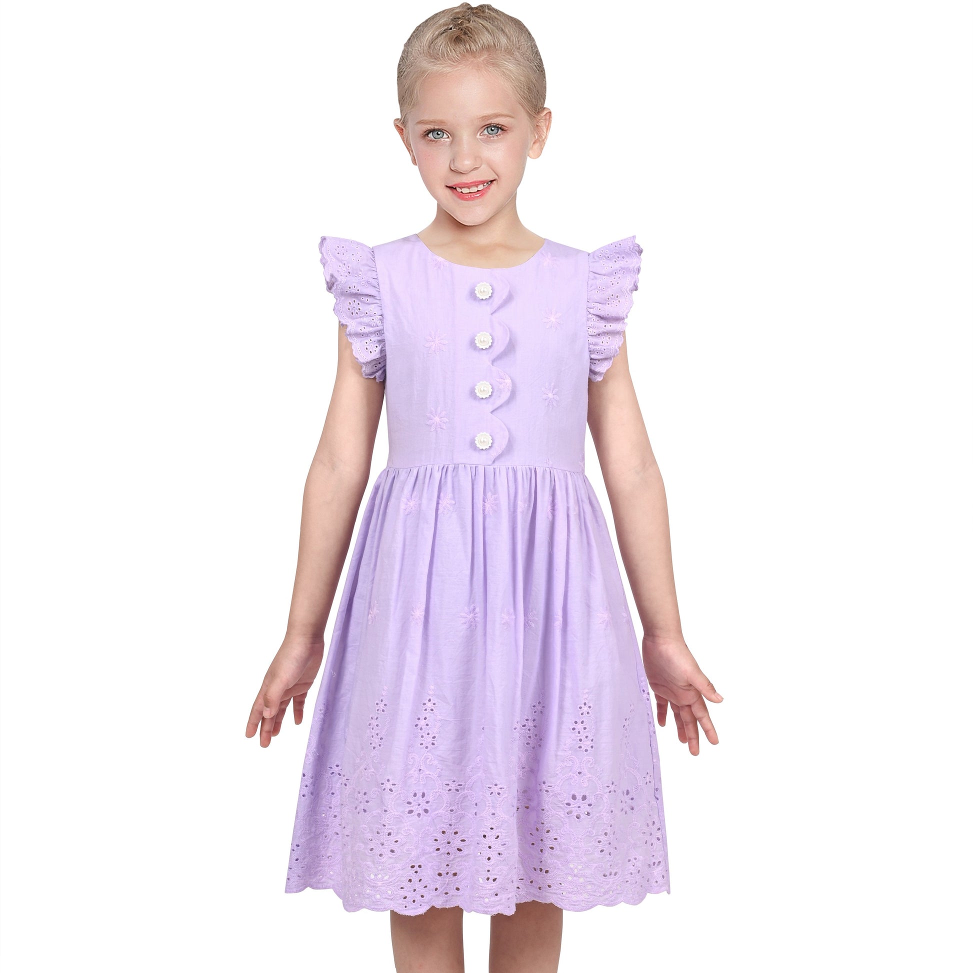 Girls Dress Royal Blue Front Button Swing Lace Flying Sleeve Vintage Purple
