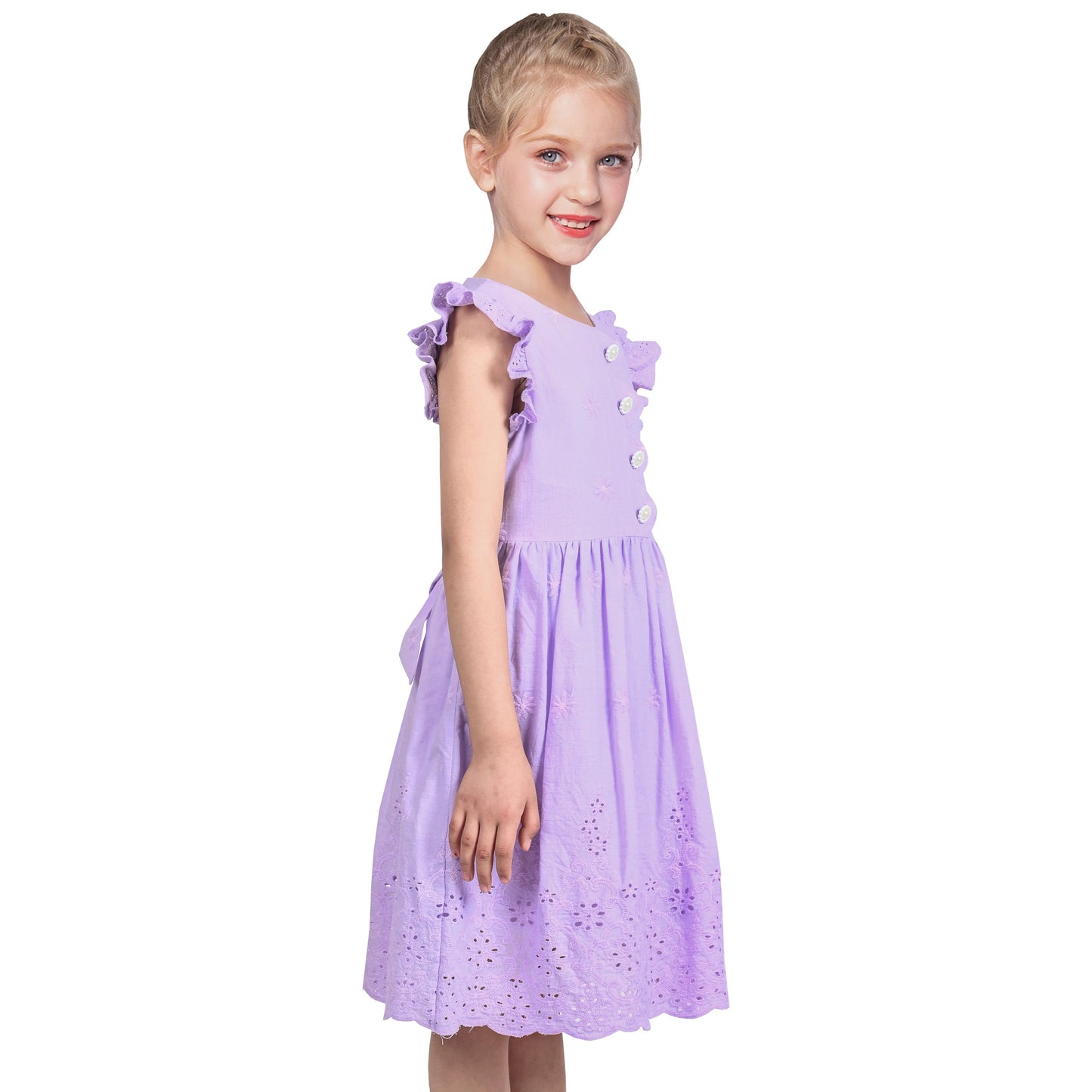 Girls Dress Royal Blue Front Button Swing Lace Flying Sleeve Vintage Purple