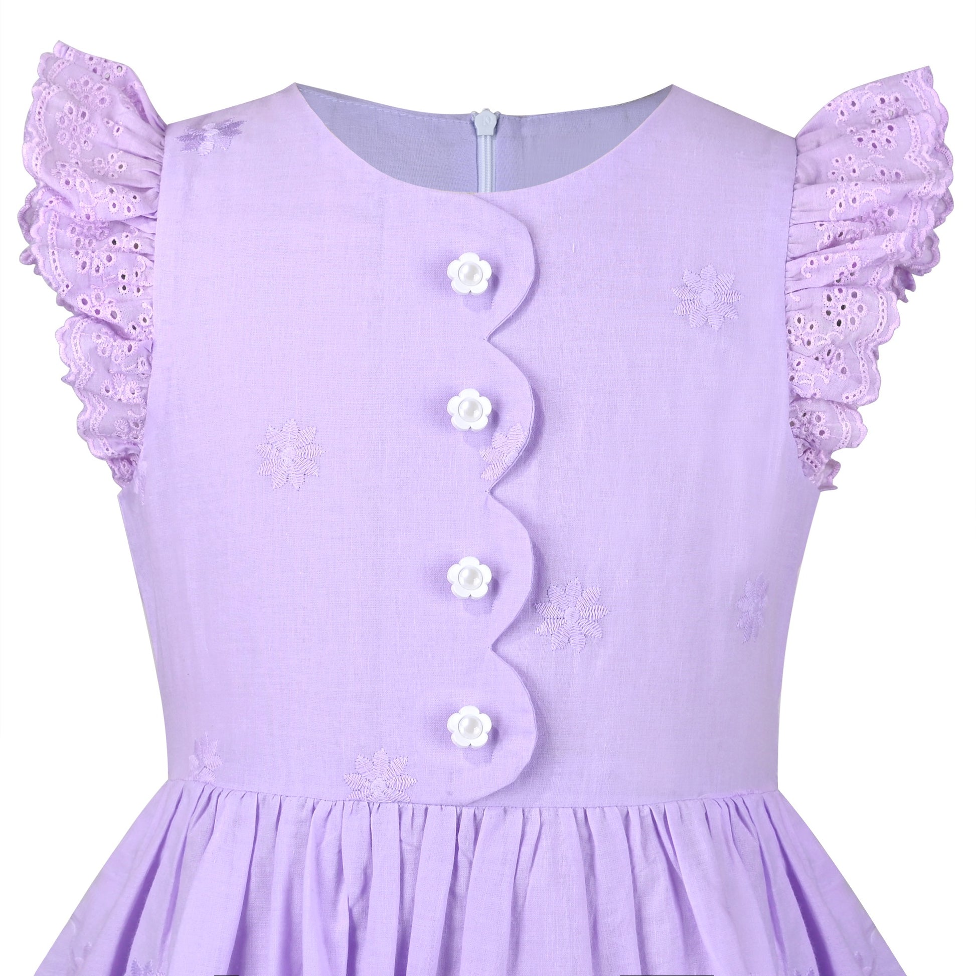 Girls Dress Royal Blue Front Button Swing Lace Flying Sleeve Vintage Purple