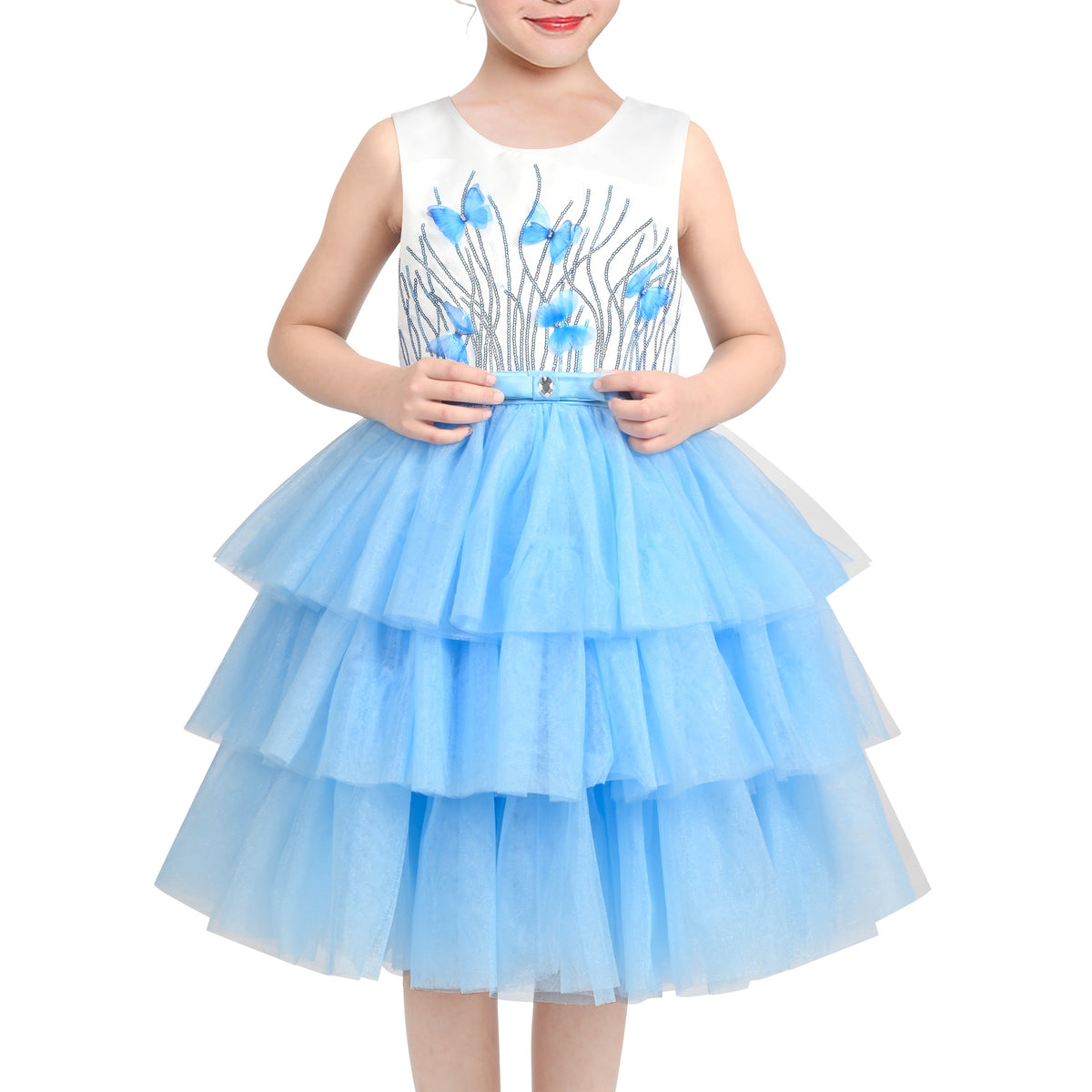 Girls Dress Colorful Glitter Sequin Ruffle Dress Princess Pageant - Blue Butterfly