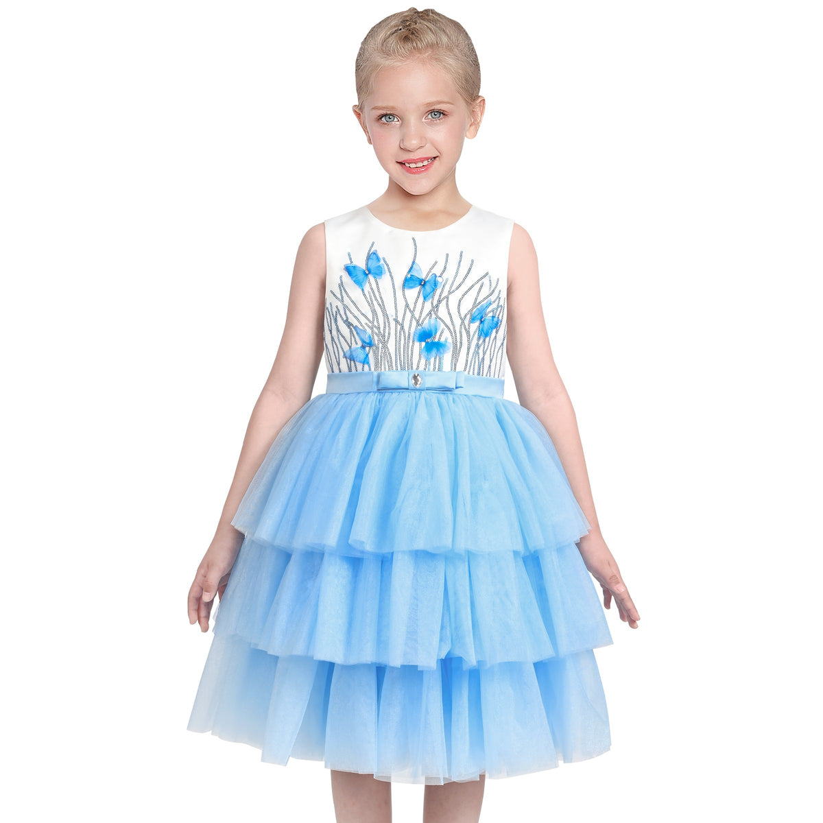 Girls Dress Colorful Glitter Sequin Ruffle Dress Princess Pageant - Blue Butterfly
