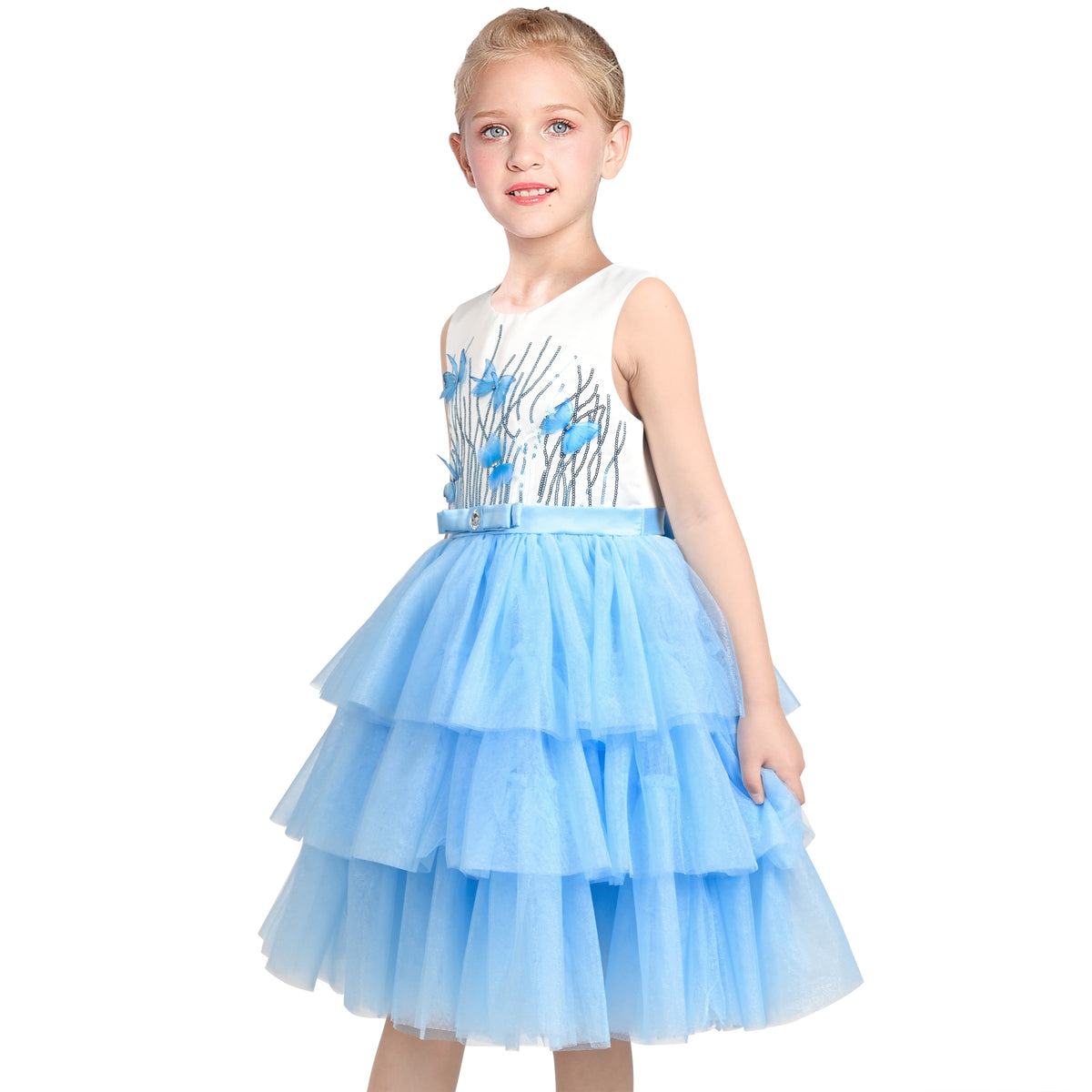 Girls Dress Colorful Glitter Sequin Ruffle Dress Princess Pageant - Blue Butterfly