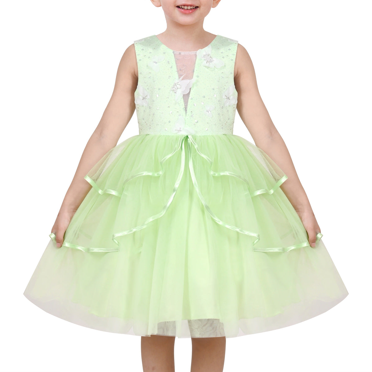 Girls Pink Floral Multilayer Ruffle Tulle Sleeveless Sequin Princess - Light Green