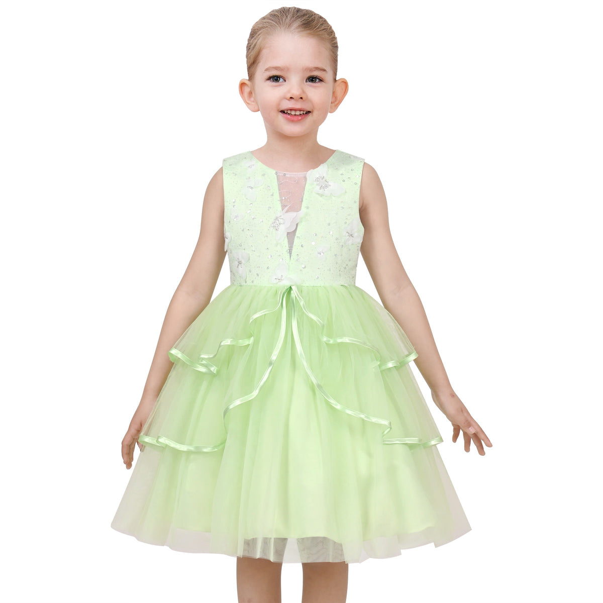 Girls Pink Floral Multilayer Ruffle Tulle Sleeveless Sequin Princess - Light Green