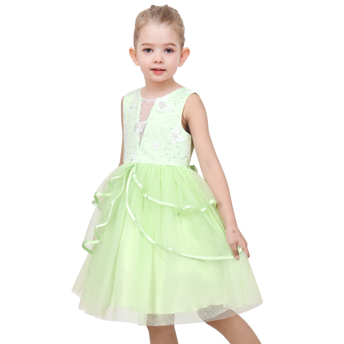 Girls Pink Floral Multilayer Ruffle Tulle Sleeveless Sequin Princess - Light Green
