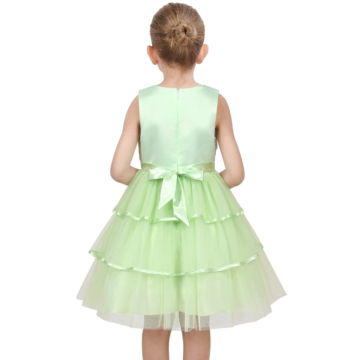 Girls Pink Floral Multilayer Ruffle Tulle Sleeveless Sequin Princess - Light Green
