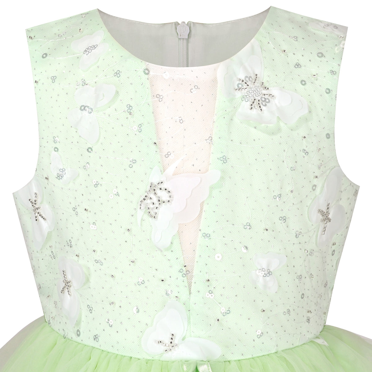 Girls Pink Floral Multilayer Ruffle Tulle Sleeveless Sequin Princess - Light Green