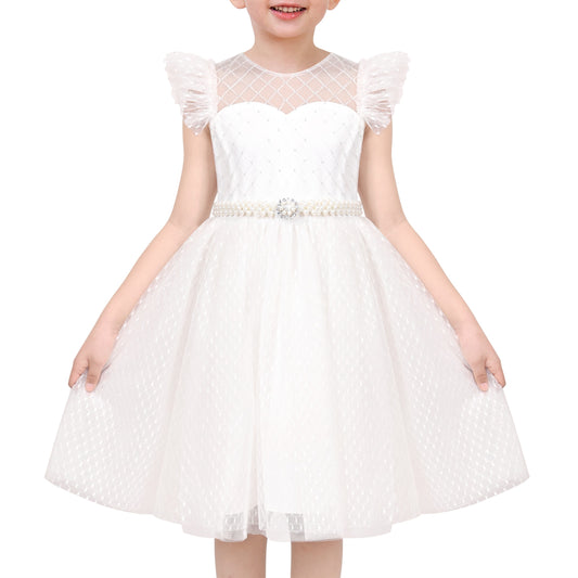 Girls Dress White Lace Mesh Diamond Pearl Flying Sleeve Formal Wedding White