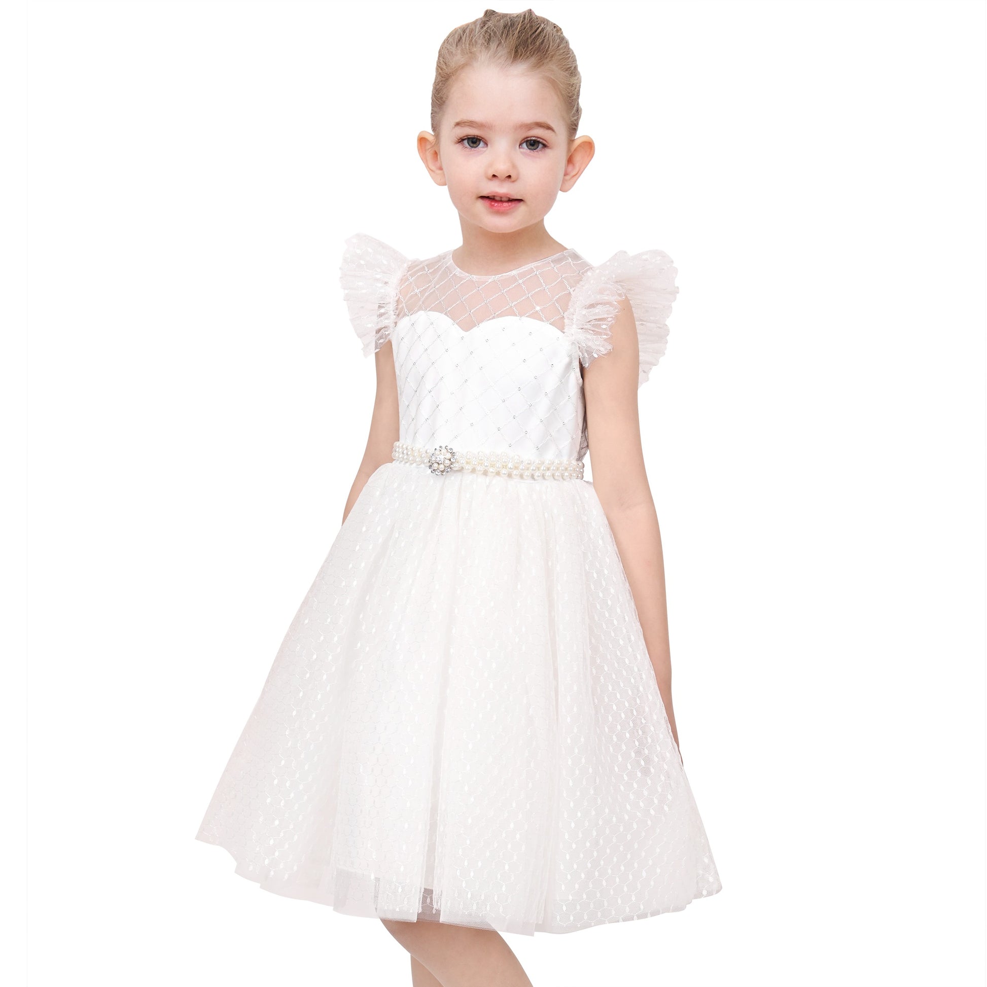 Girls Dress White Lace Mesh Diamond Pearl Flying Sleeve Formal Wedding White