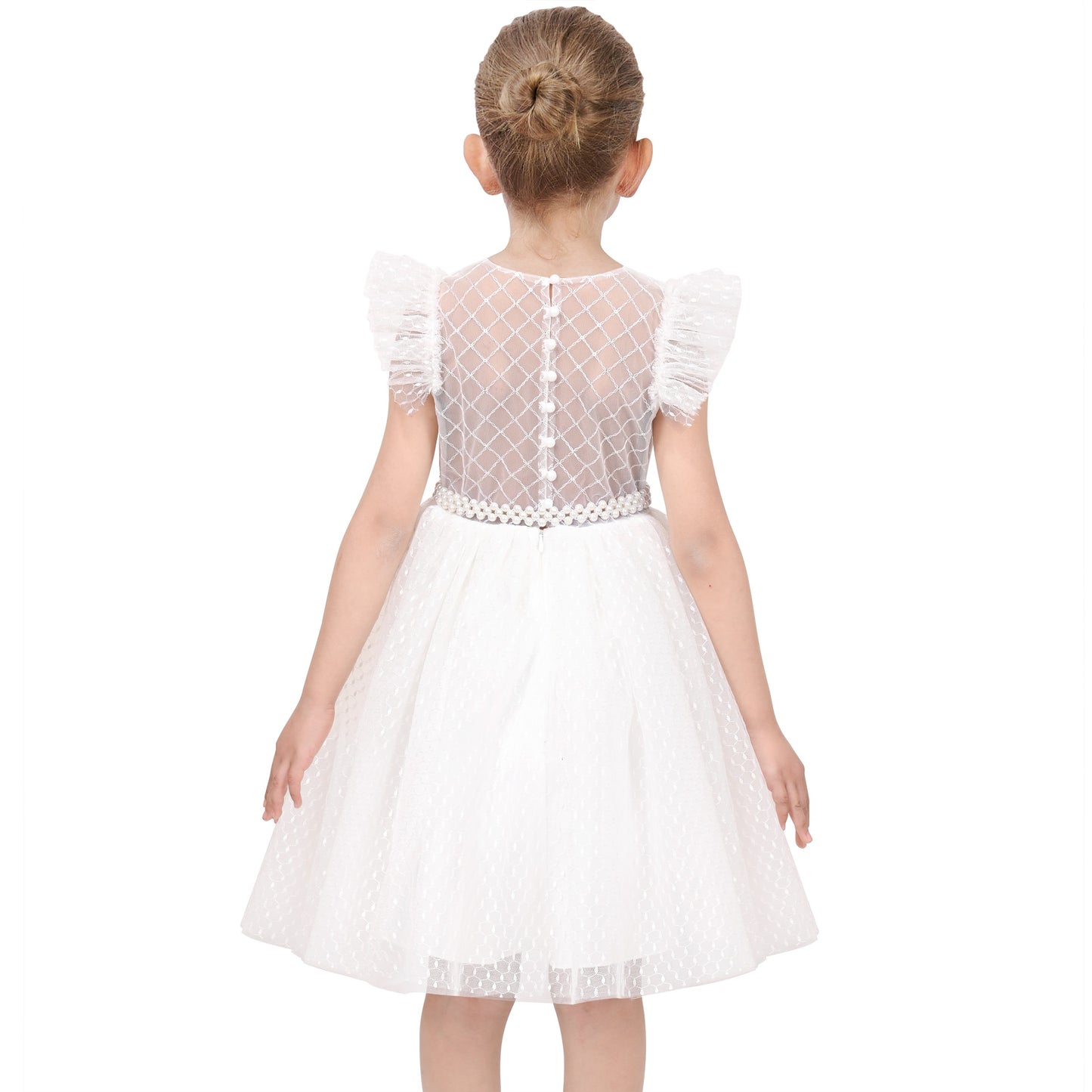 Girls Dress White Lace Mesh Diamond Pearl Flying Sleeve Formal Wedding White