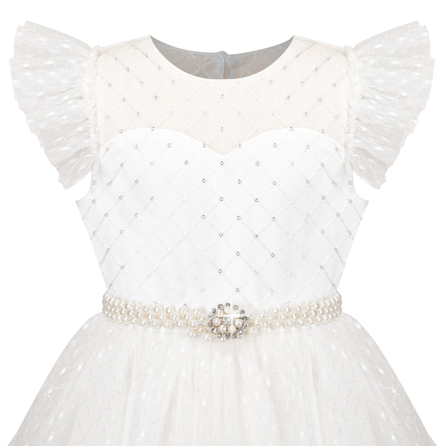 Girls Dress White Lace Mesh Diamond Pearl Flying Sleeve Formal Wedding White