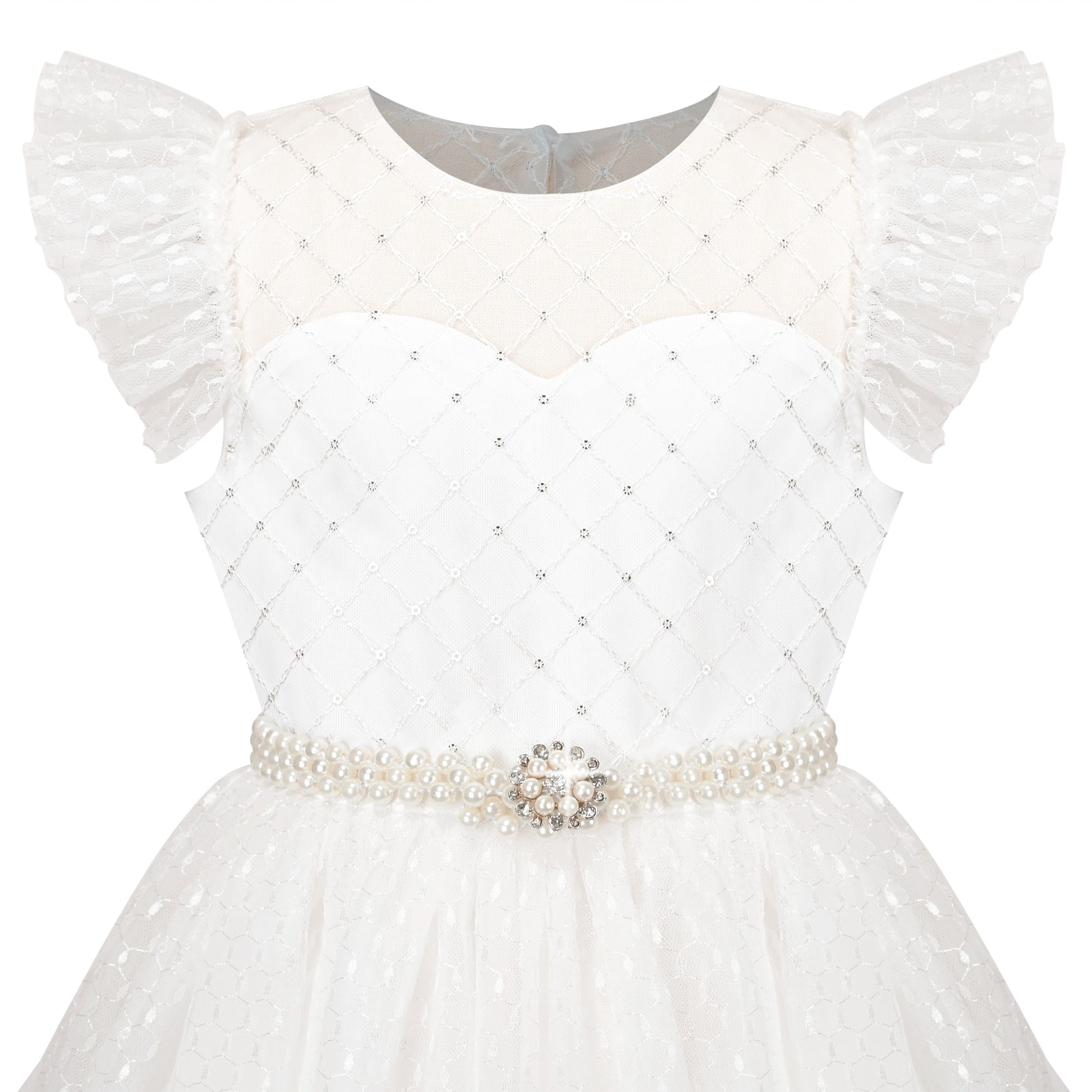 Girls Dress White Lace Mesh Diamond Pearl Flying Sleeve Formal Wedding White