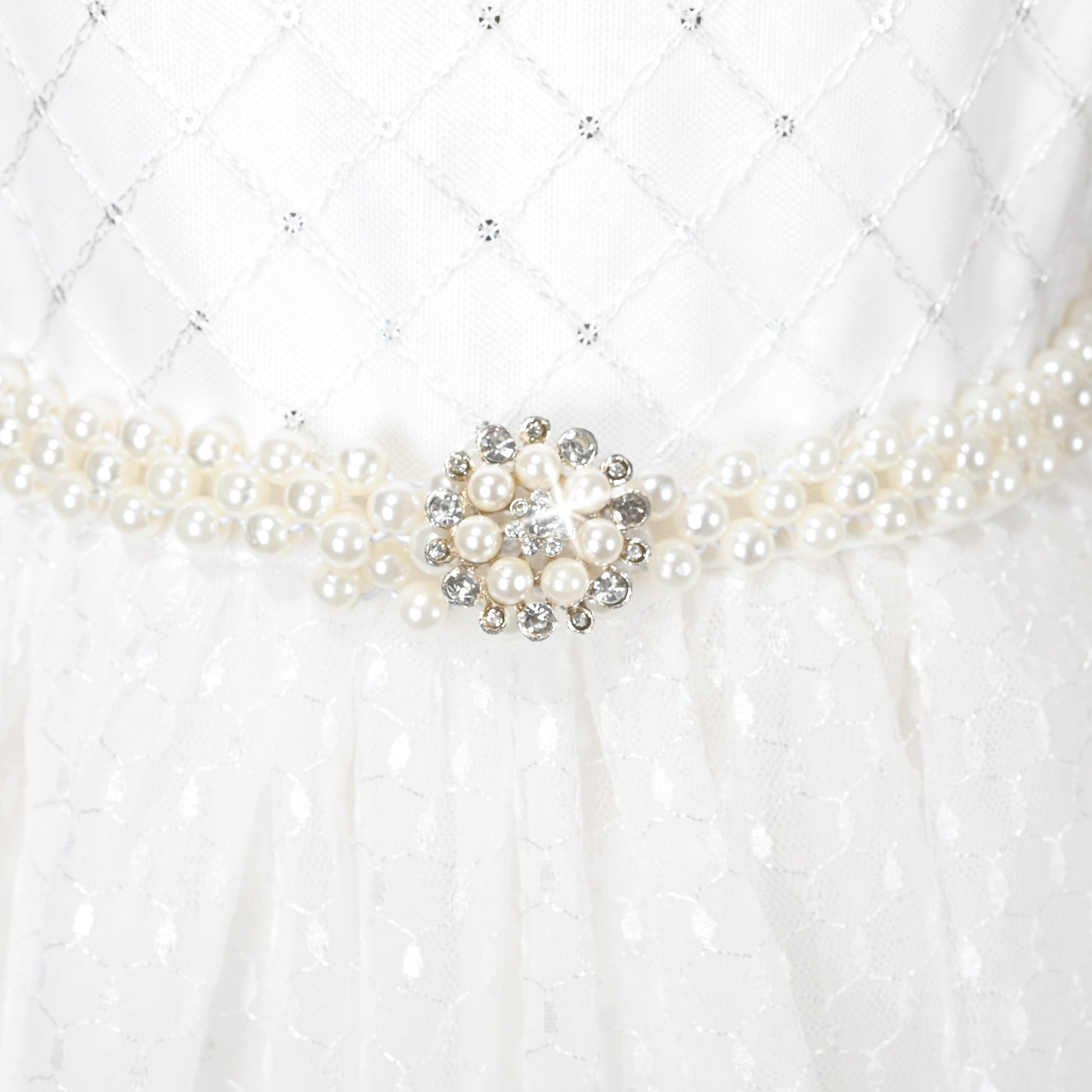 Girls Dress White Lace Mesh Diamond Pearl Flying Sleeve Formal Wedding White