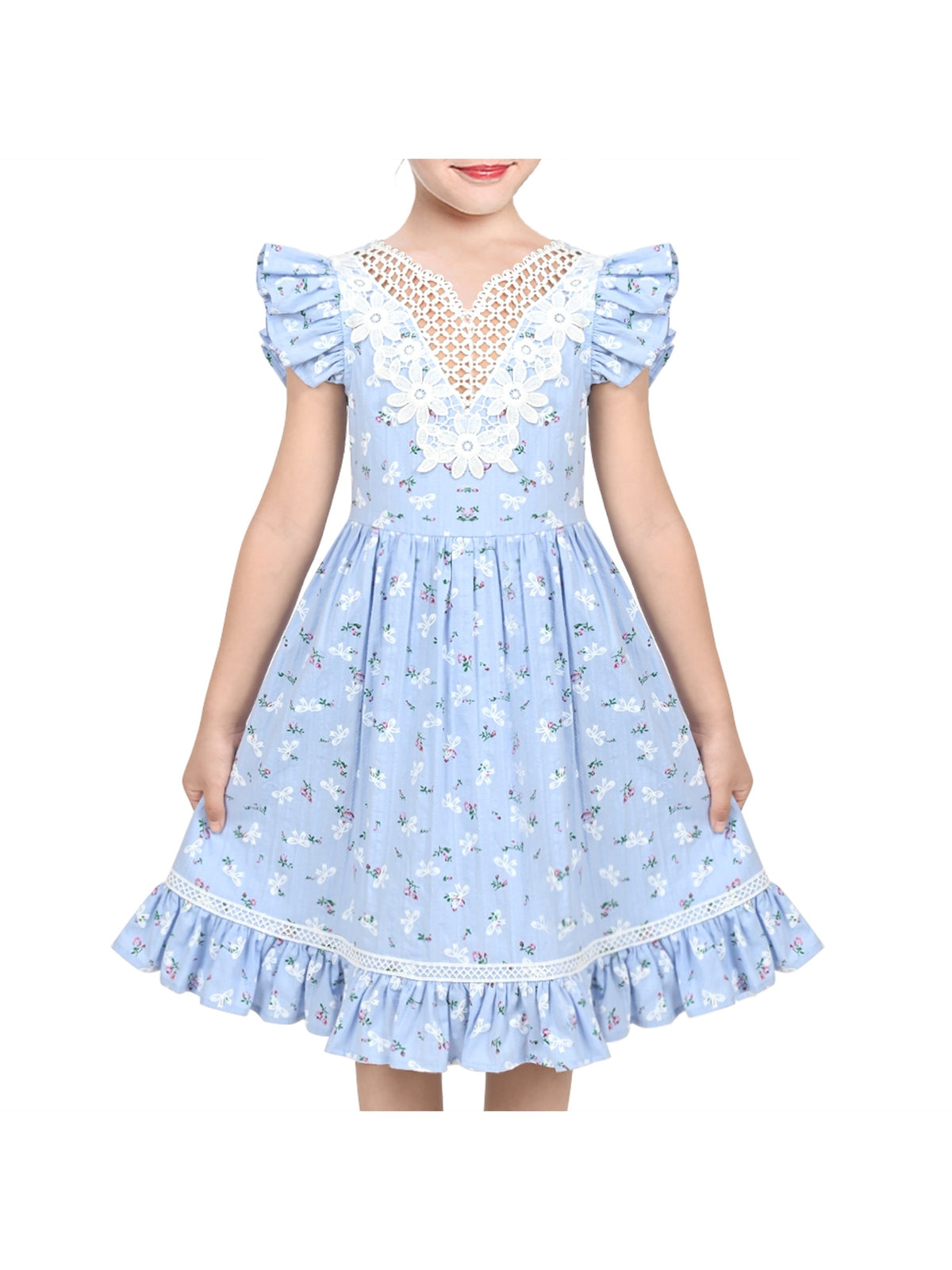 Girls Dress Bow Tie Cherry Fruit Overlap Design Red - Blue Lace