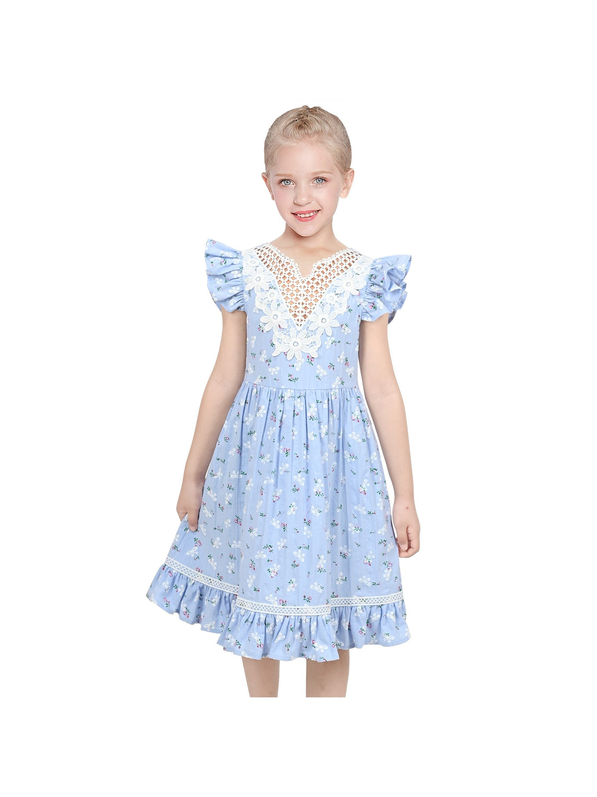 Girls Dress Bow Tie Cherry Fruit Overlap Design Red - Blue Lace