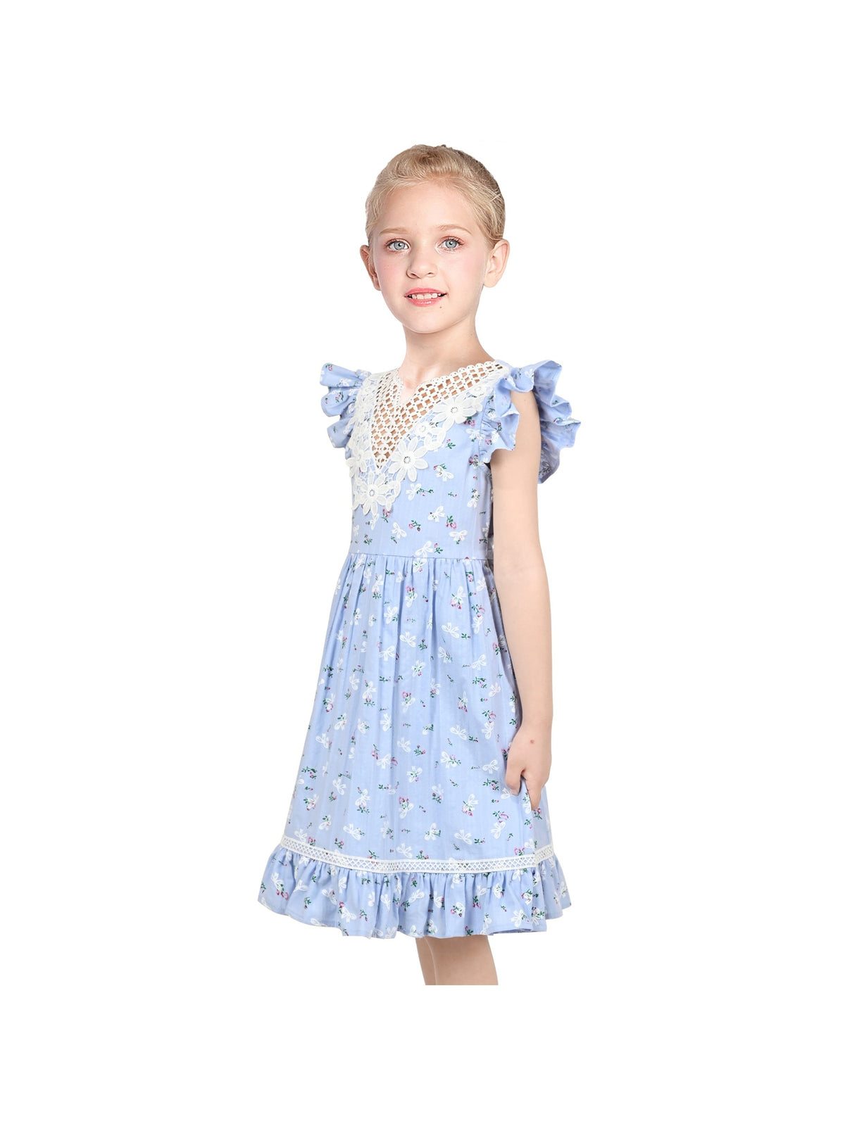 Girls Dress Bow Tie Cherry Fruit Overlap Design Red - Blue Lace