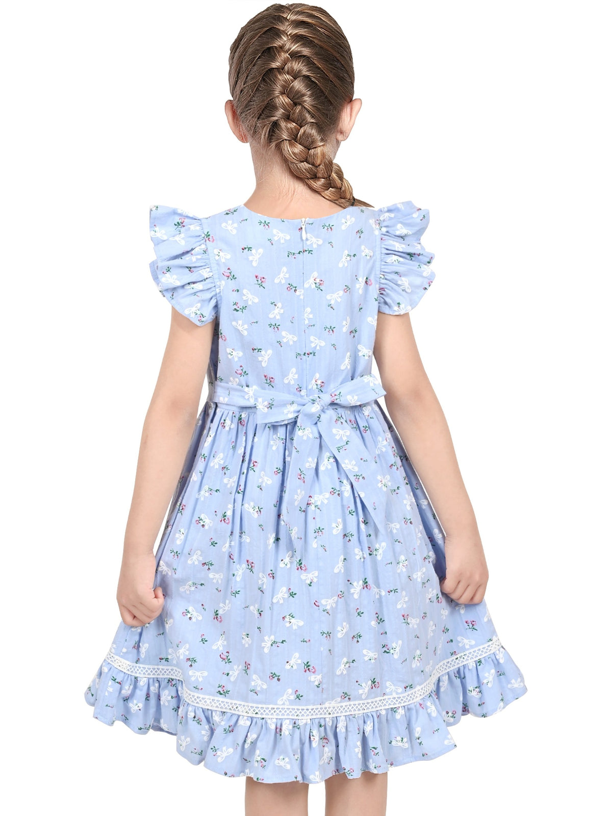 Girls Dress Bow Tie Cherry Fruit Overlap Design Red - Blue Lace