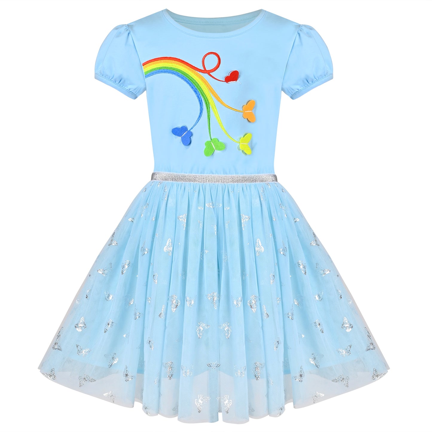 Girls Dress Dancing Girl Print Tutu Short Sleeve Sundress Blue
