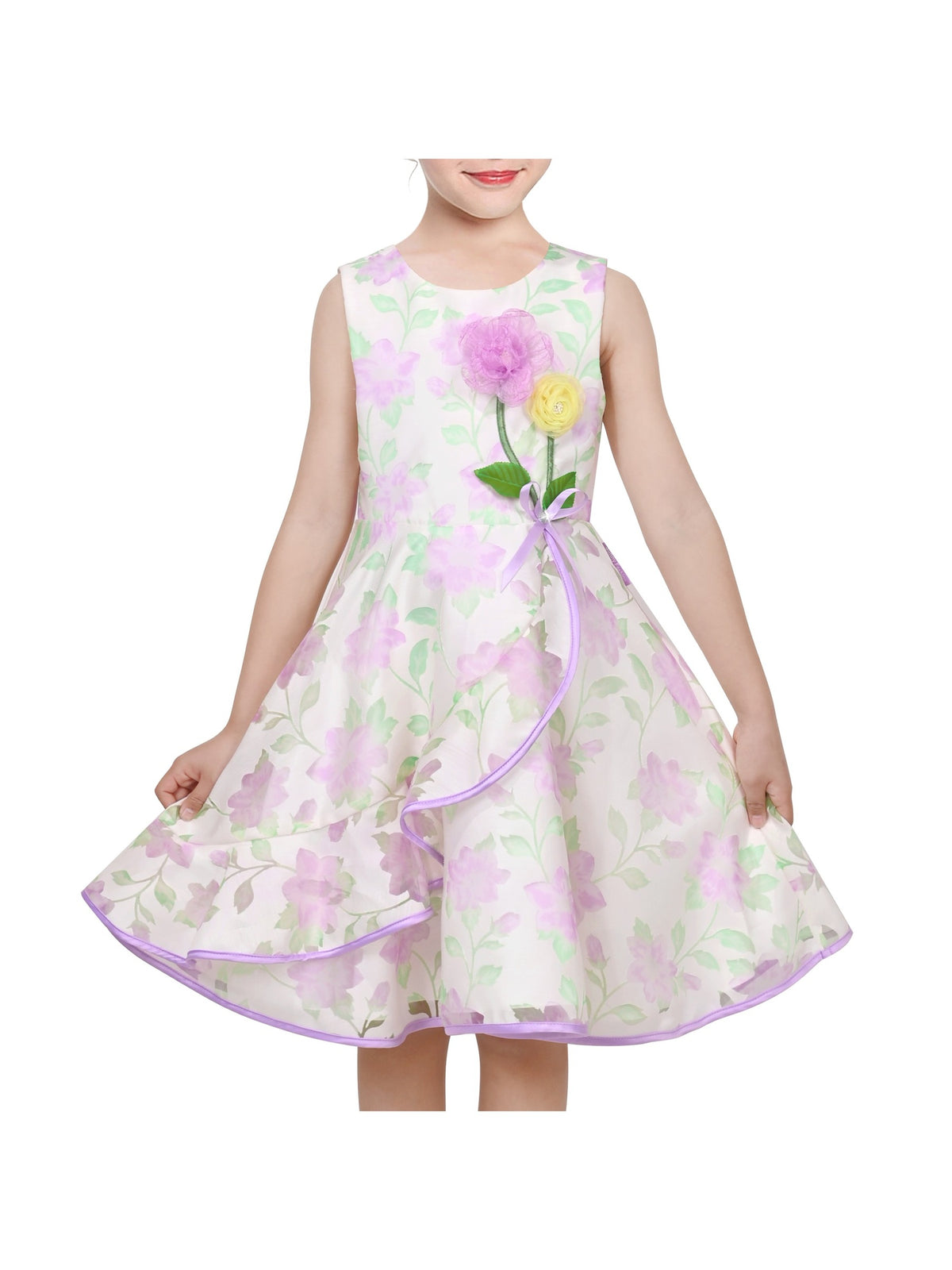 3 Layers Girls Dress Pink Flower Wave Pageant Wedding Kids Clothing - Light Purple