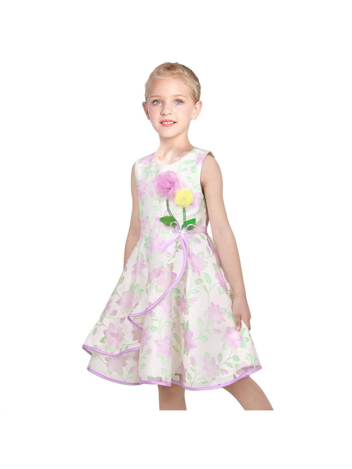 3 Layers Girls Dress Pink Flower Wave Pageant Wedding Kids Clothing - Light Purple