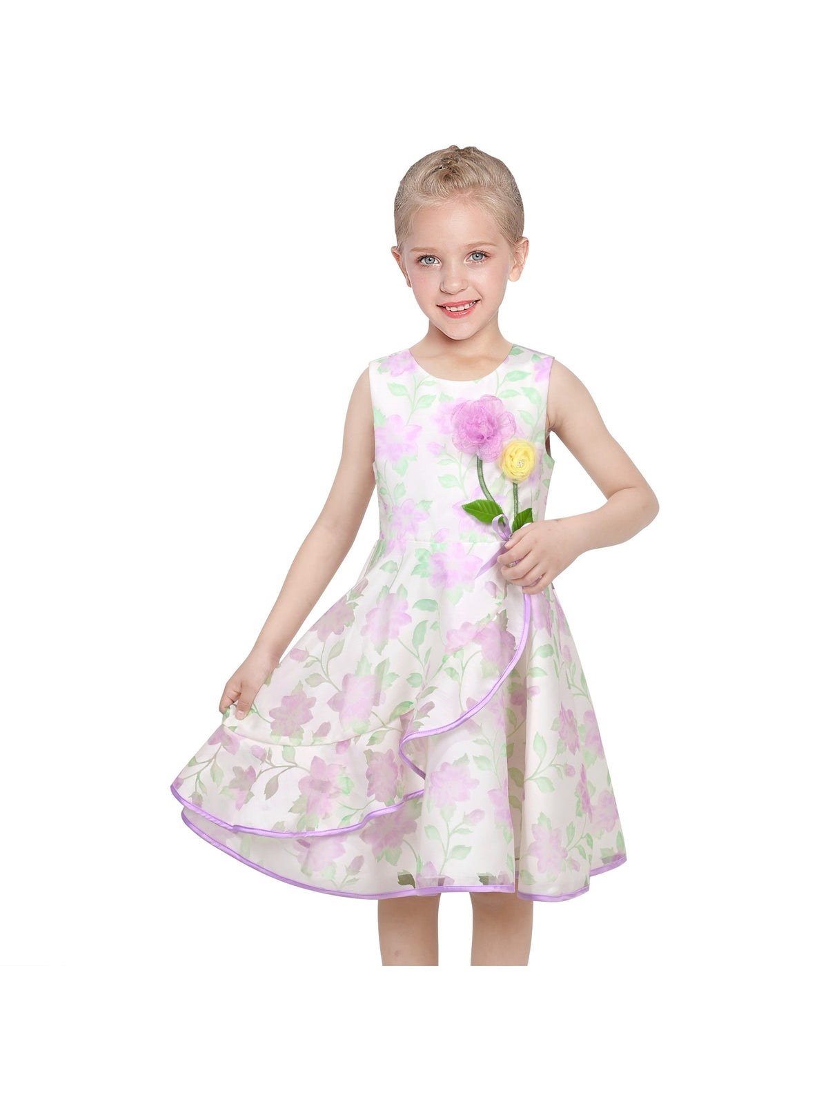 3 Layers Girls Dress Pink Flower Wave Pageant Wedding Kids Clothing - Light Purple