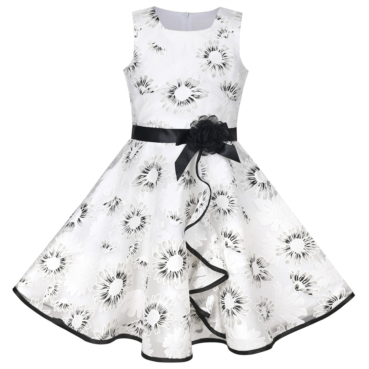 3 Layers Girls Dress Pink Flower Wave Pageant Wedding Kids Clothing - Black Floral