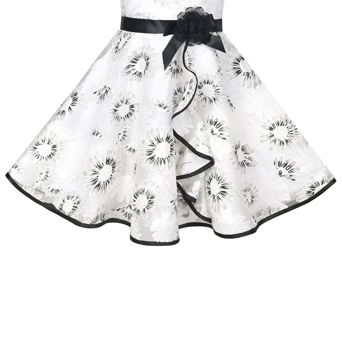 3 Layers Girls Dress Pink Flower Wave Pageant Wedding Kids Clothing - Black Floral