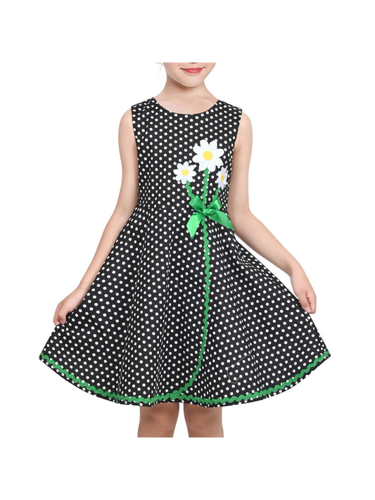 Girls Dress Black Polka Dot Daisy Flower Embroidery Everyday Summer Black