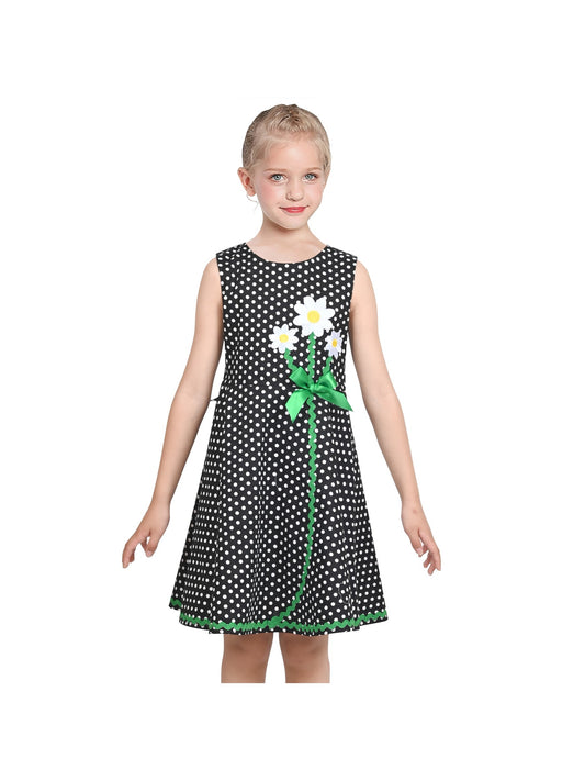 Girls Dress Black Polka Dot Daisy Flower Embroidery Everyday Summer Black