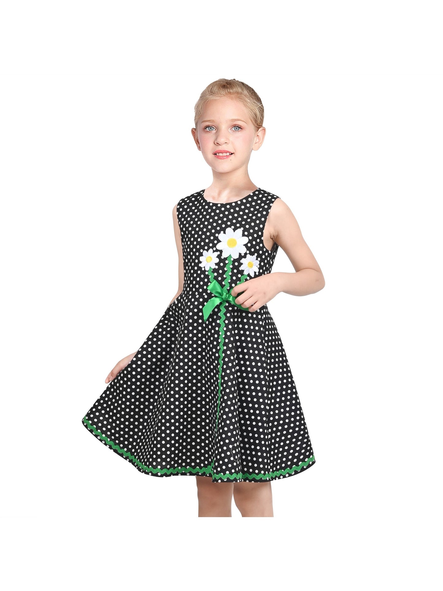 Girls Dress Black Polka Dot Daisy Flower Embroidery Everyday Summer Black
