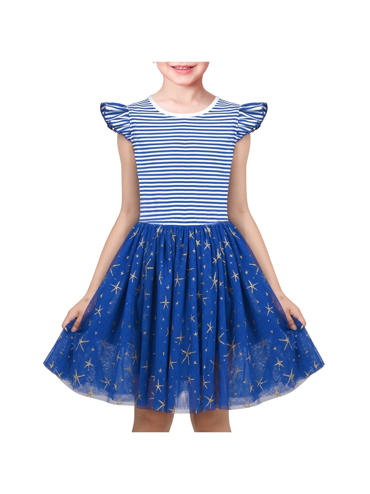 Girls Dress Tutu Skirt Cake Layered Grey Suspender Shiny Star Sleeveless - Blue Striped