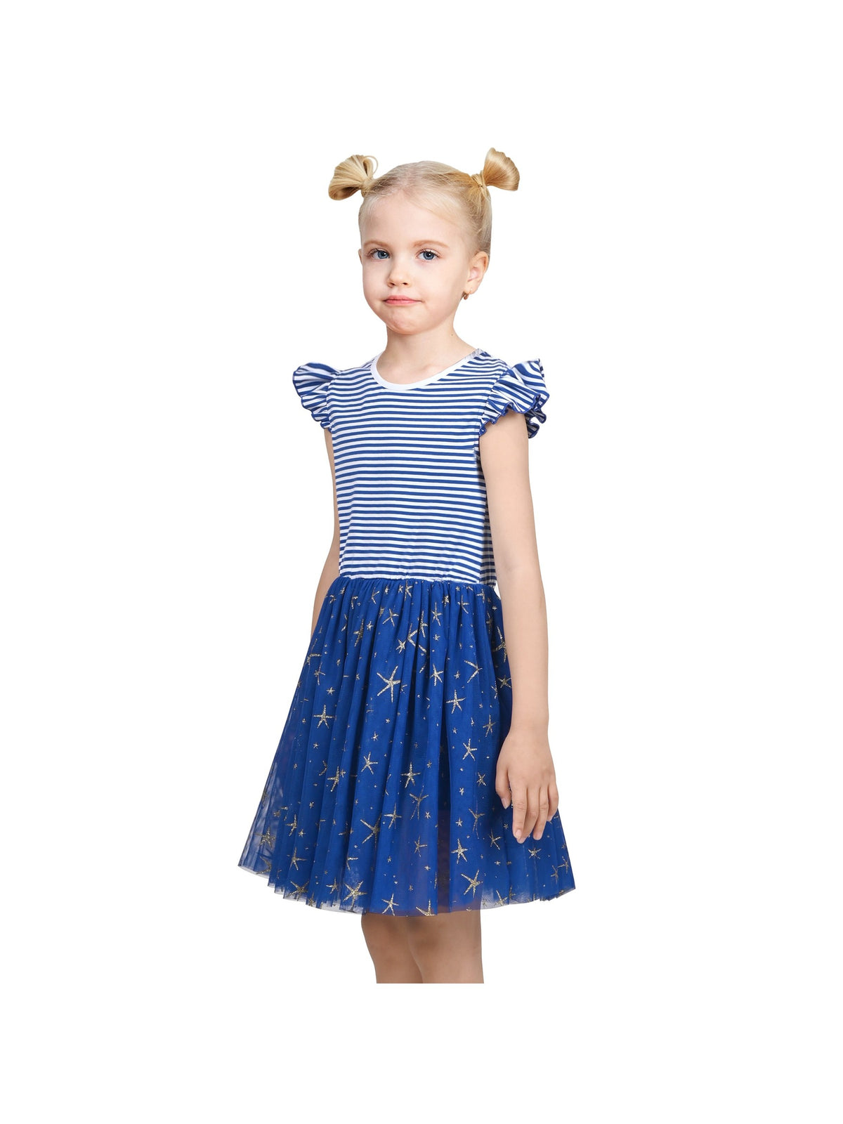 Girls Dress Tutu Skirt Cake Layered Grey Suspender Shiny Star Sleeveless - Blue Striped